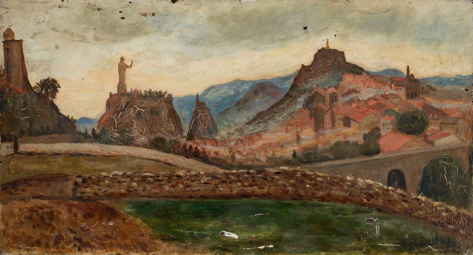 Landscape by Tadeusz Makowski, depicting a village on hills, oil painting