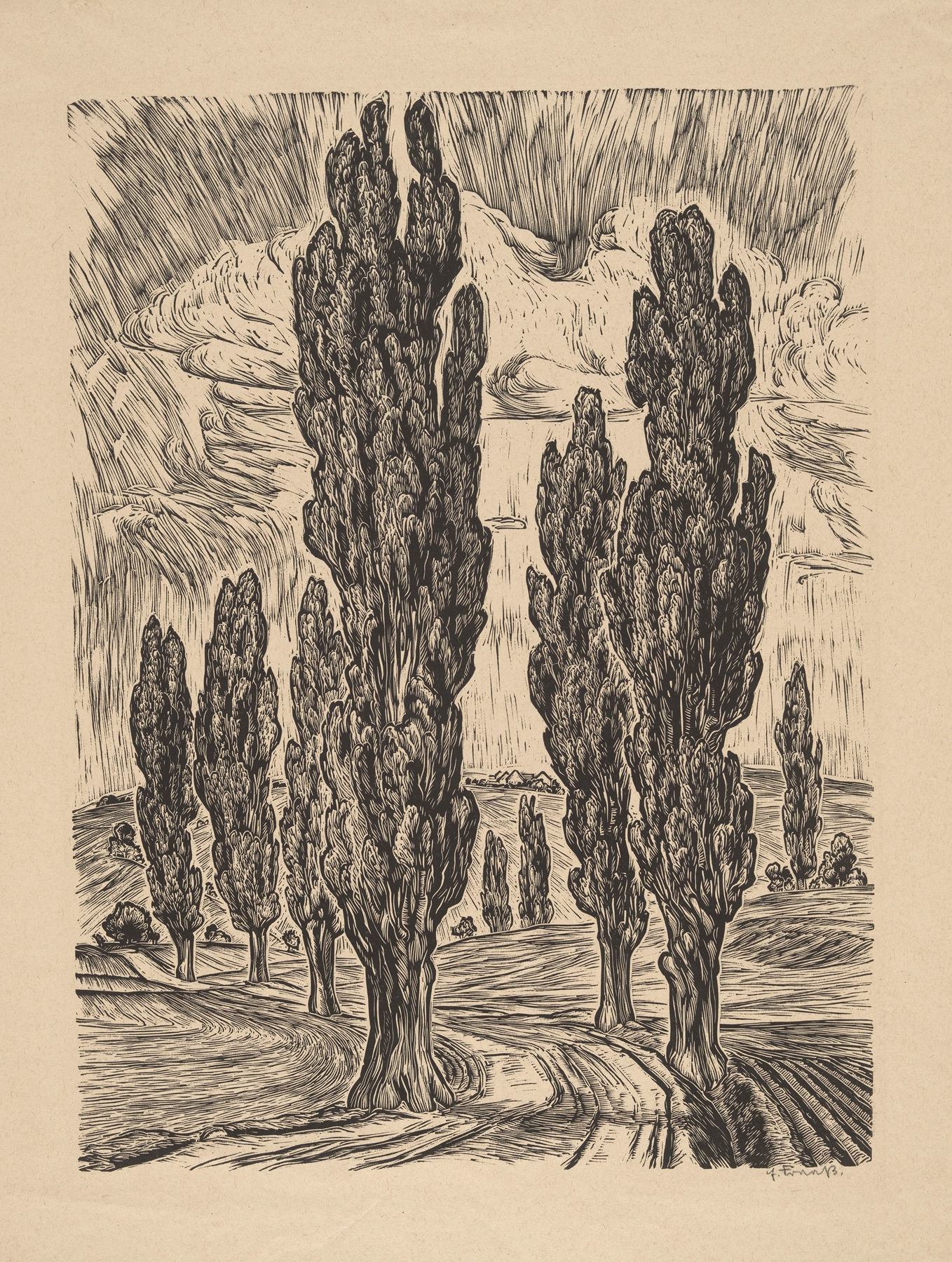 Road lined with poplars, oil on canvas by Erich Fraass