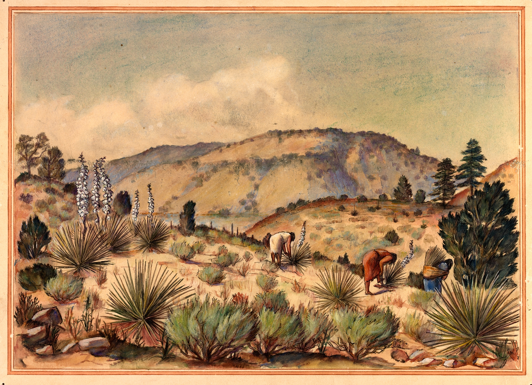 Folk art depicting women gathering yucca plants, unknown artist