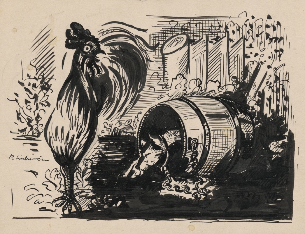 A painting depicting a dog and a cock in a natural setting.