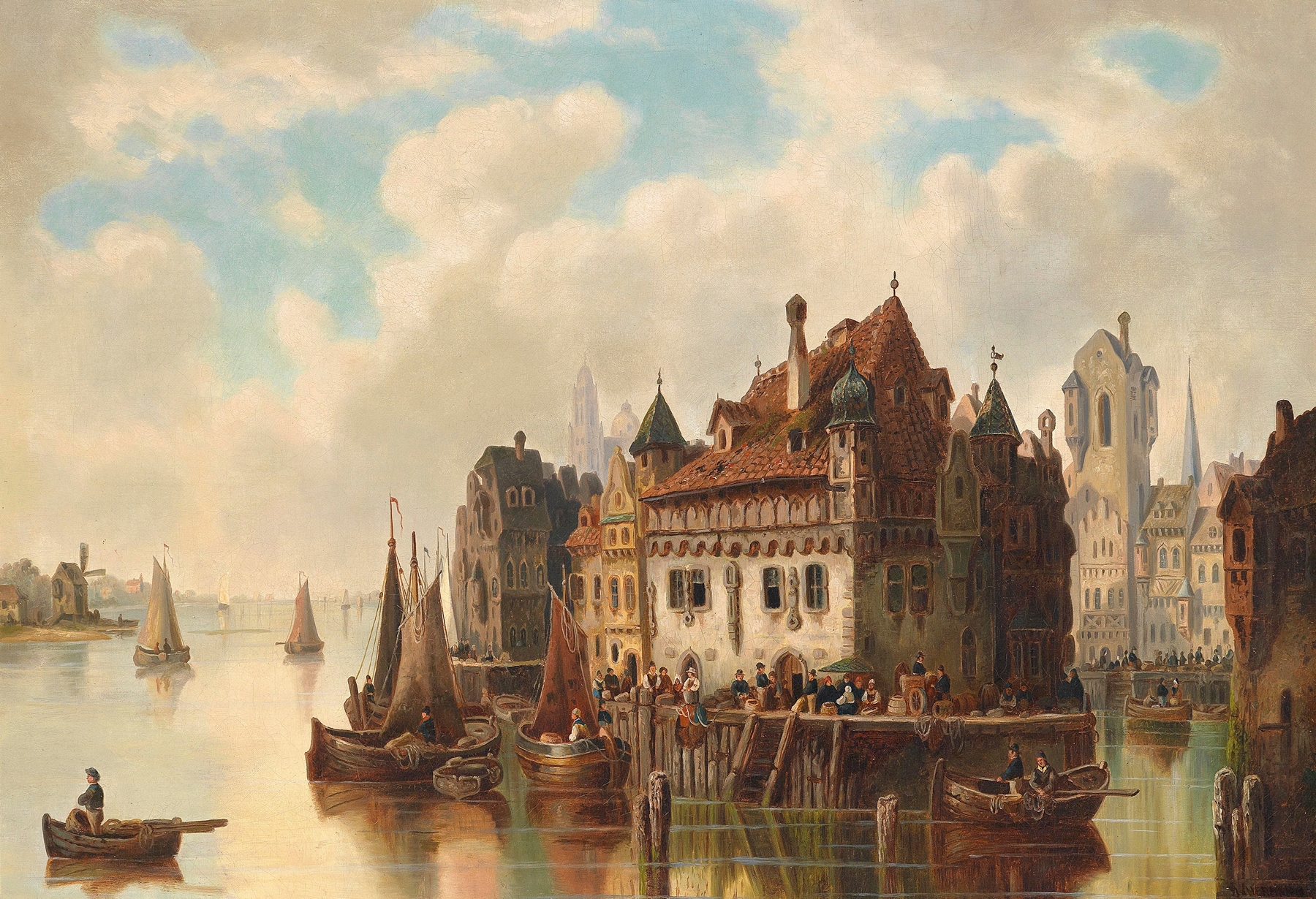 Oil painting by Ludwig Hermann depicting a town by a river with sunlight reflections.