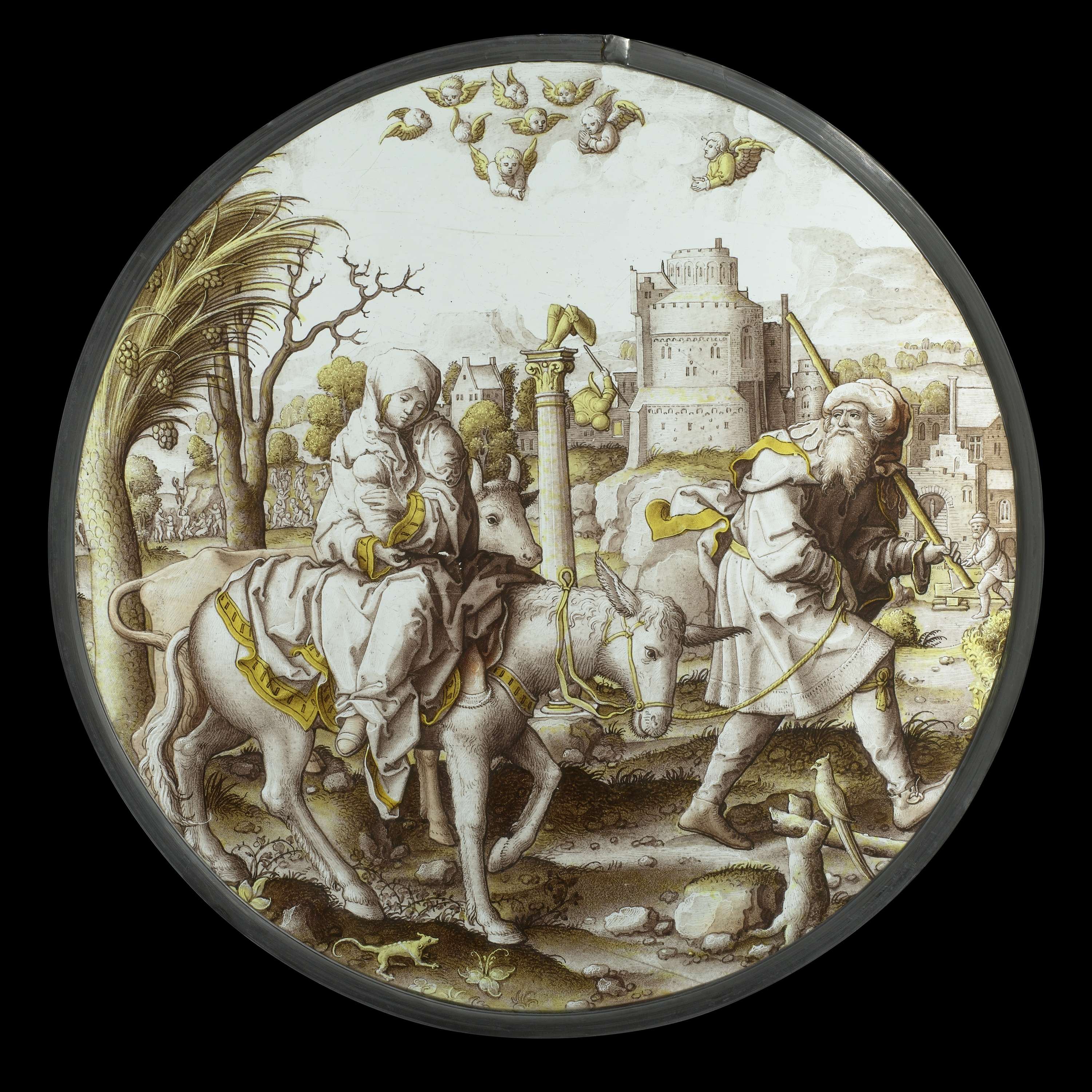 The Flight into Egypt by Dirck Vellert, lead medium, featuring Mary and child sheltered by trees.