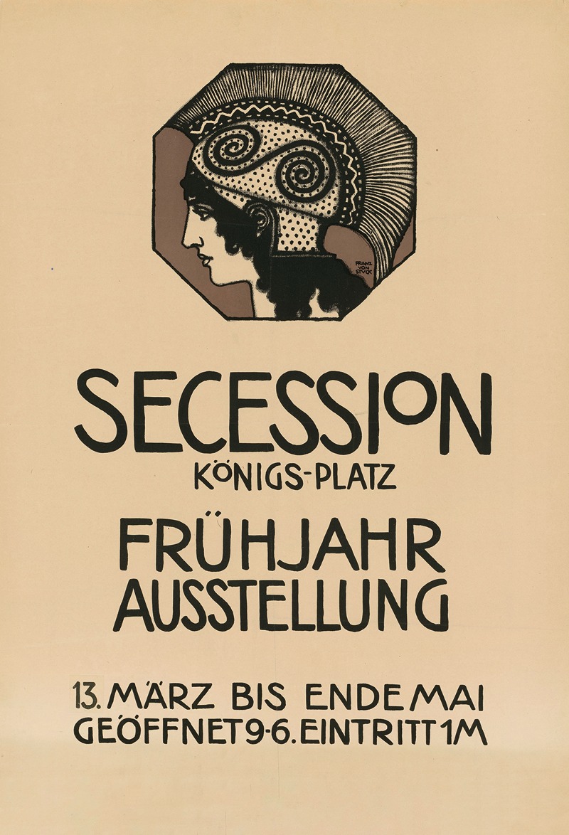 Franz von Stuck's painting 'Secession Königs-Platz' showcases a blend of architectural elements and symbolic figures.