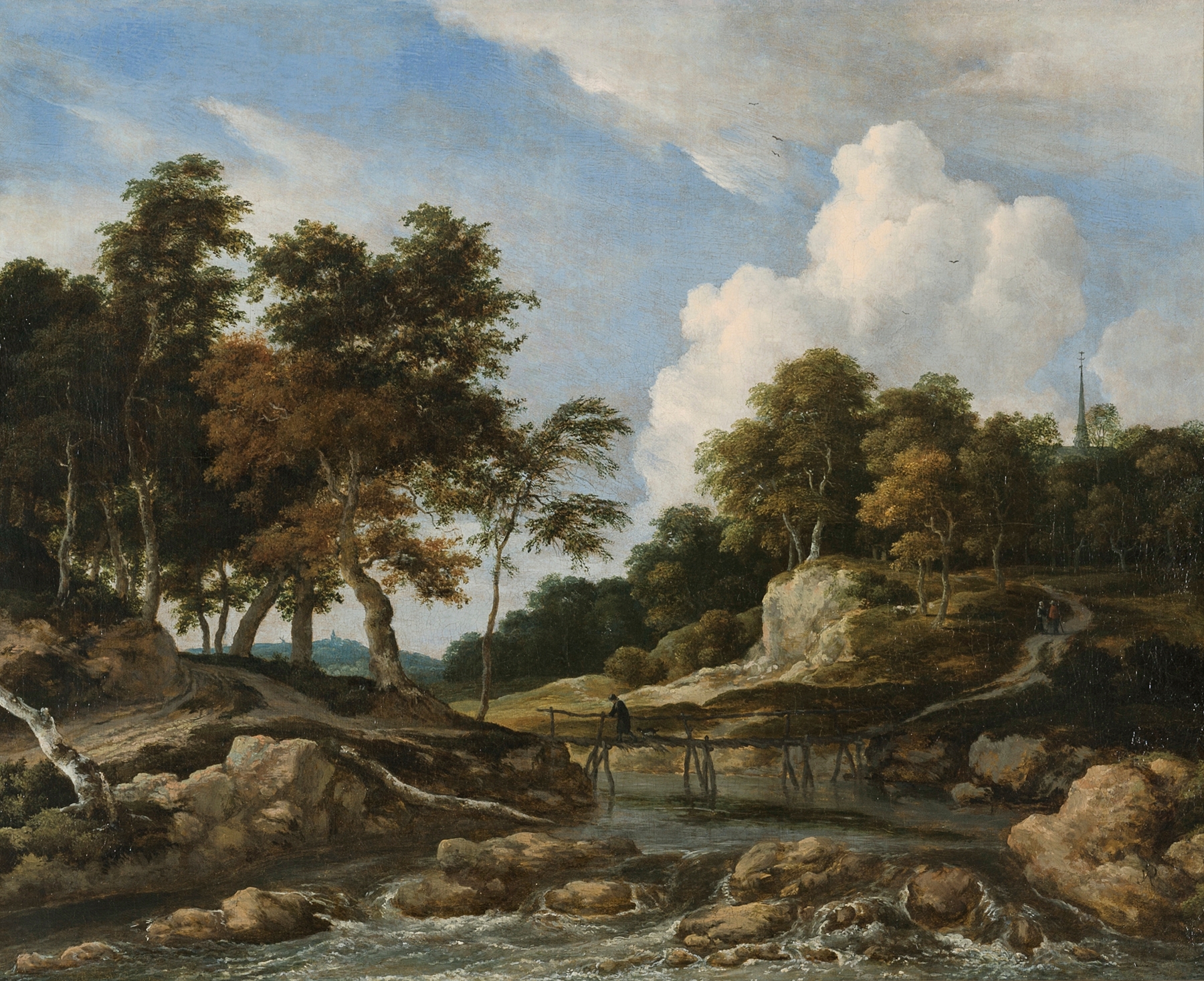 Wooded river landscape with a bridge and church, oil painting by Jacob van Ruisdael