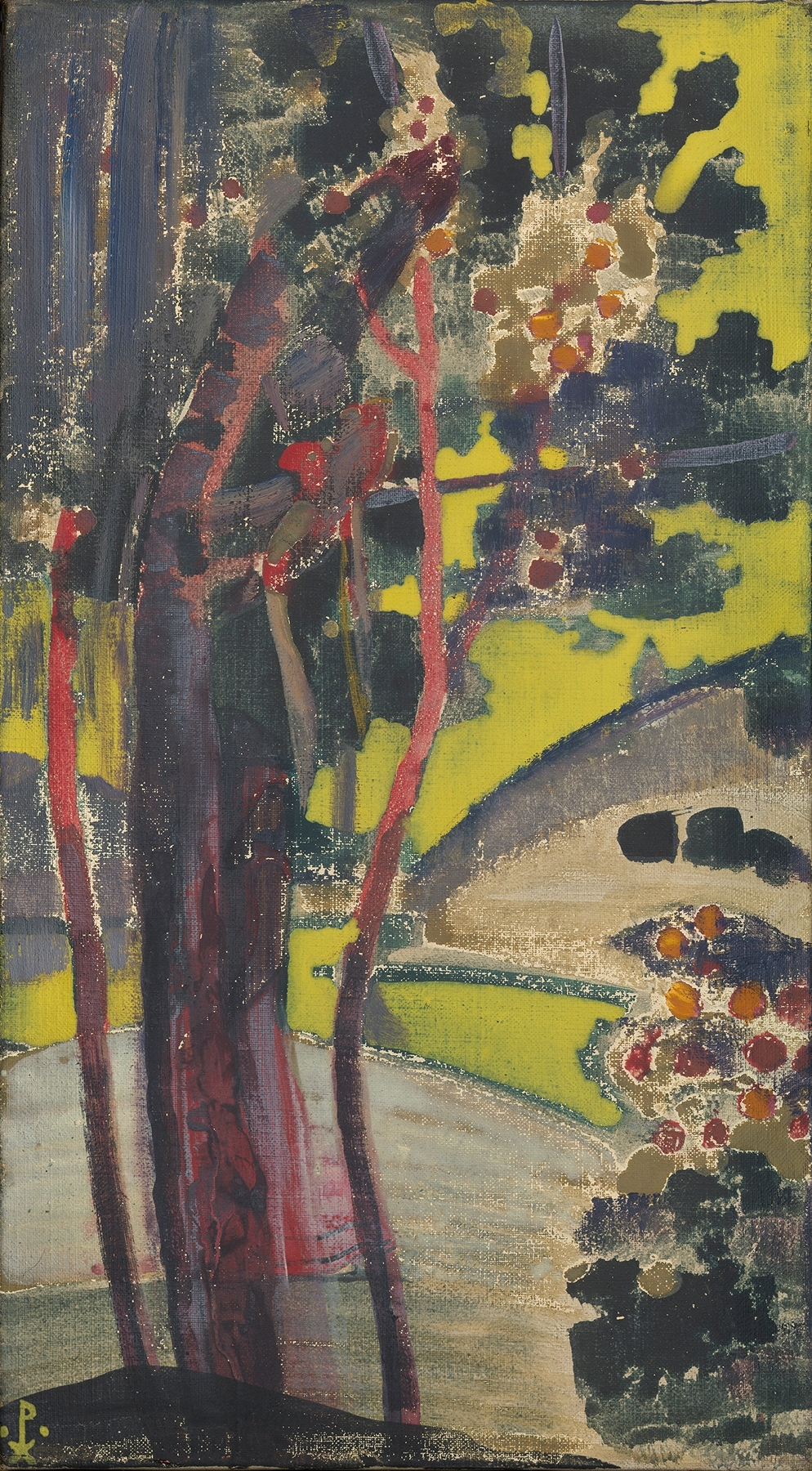 Trees by a Lake, oil painting by Nicholas Roerich showing lush trees and a tranquil lake.