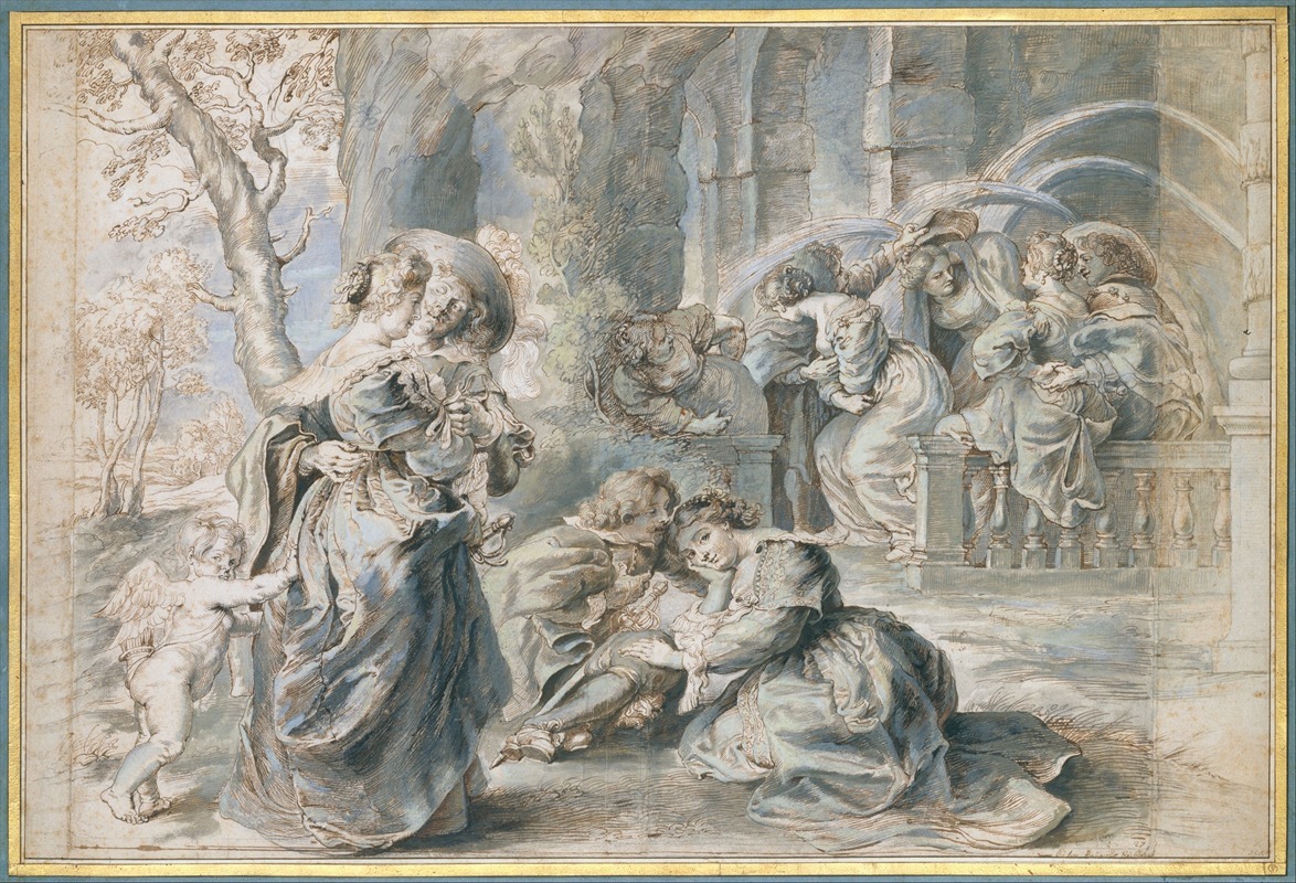 This painting depicts a lush garden filled with figures symbolizing love and beauty.
