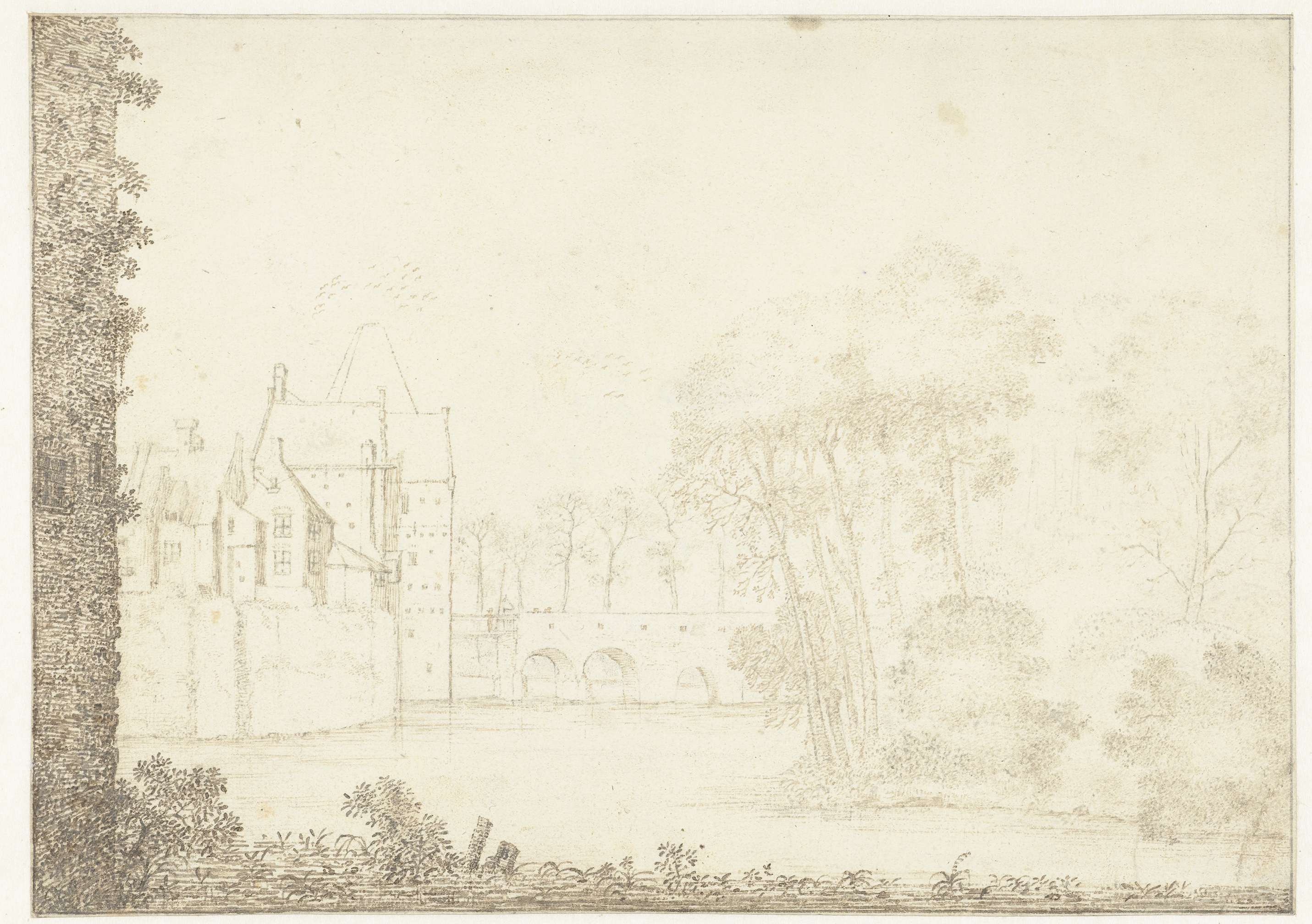 Landscape oil painting by Jan van Brosterhuyzen featuring a castle with turrets against a blue sky.