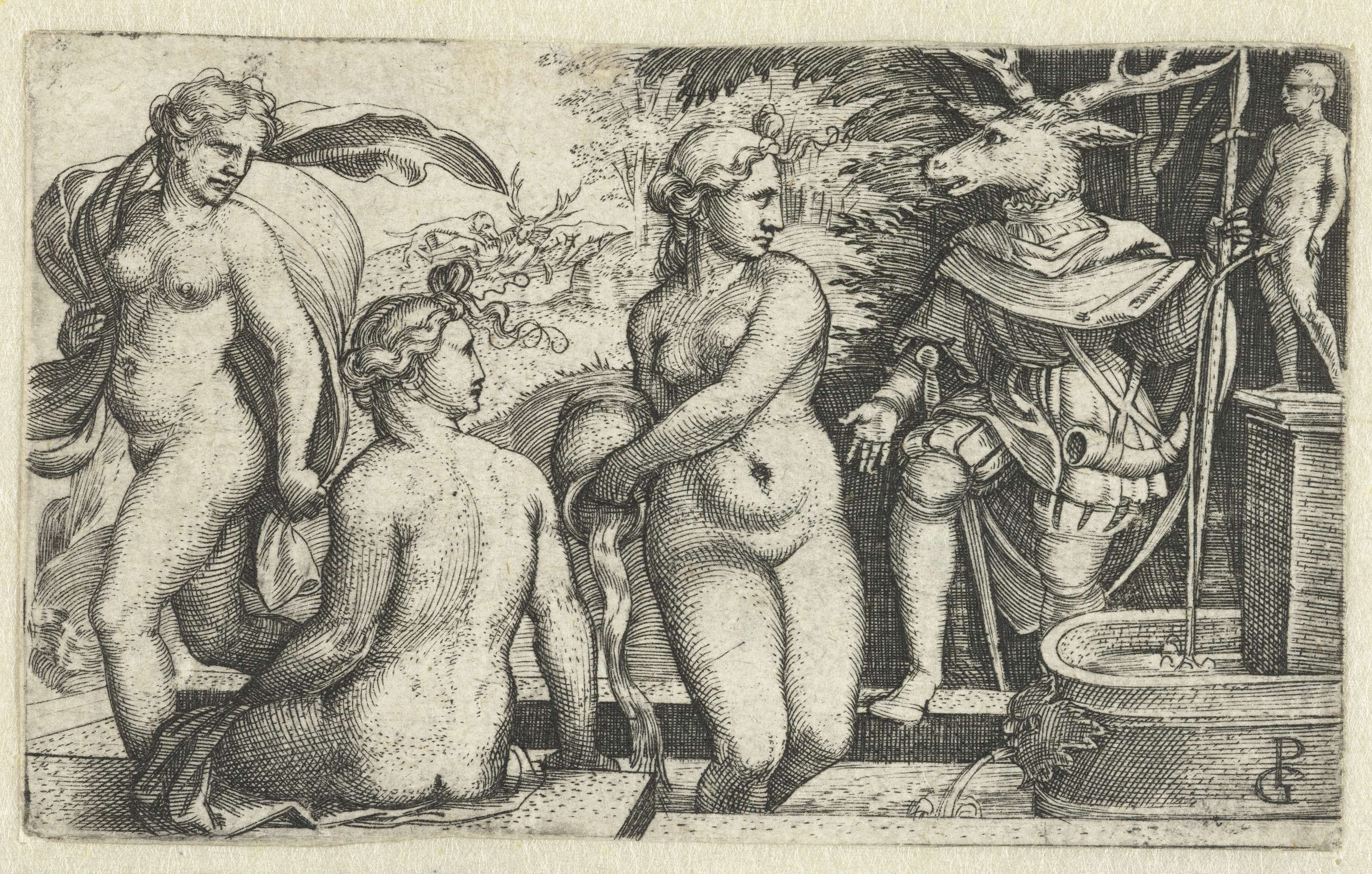 Engraving by Georg Pencz depicting Acteon transformed into a deer by Diana