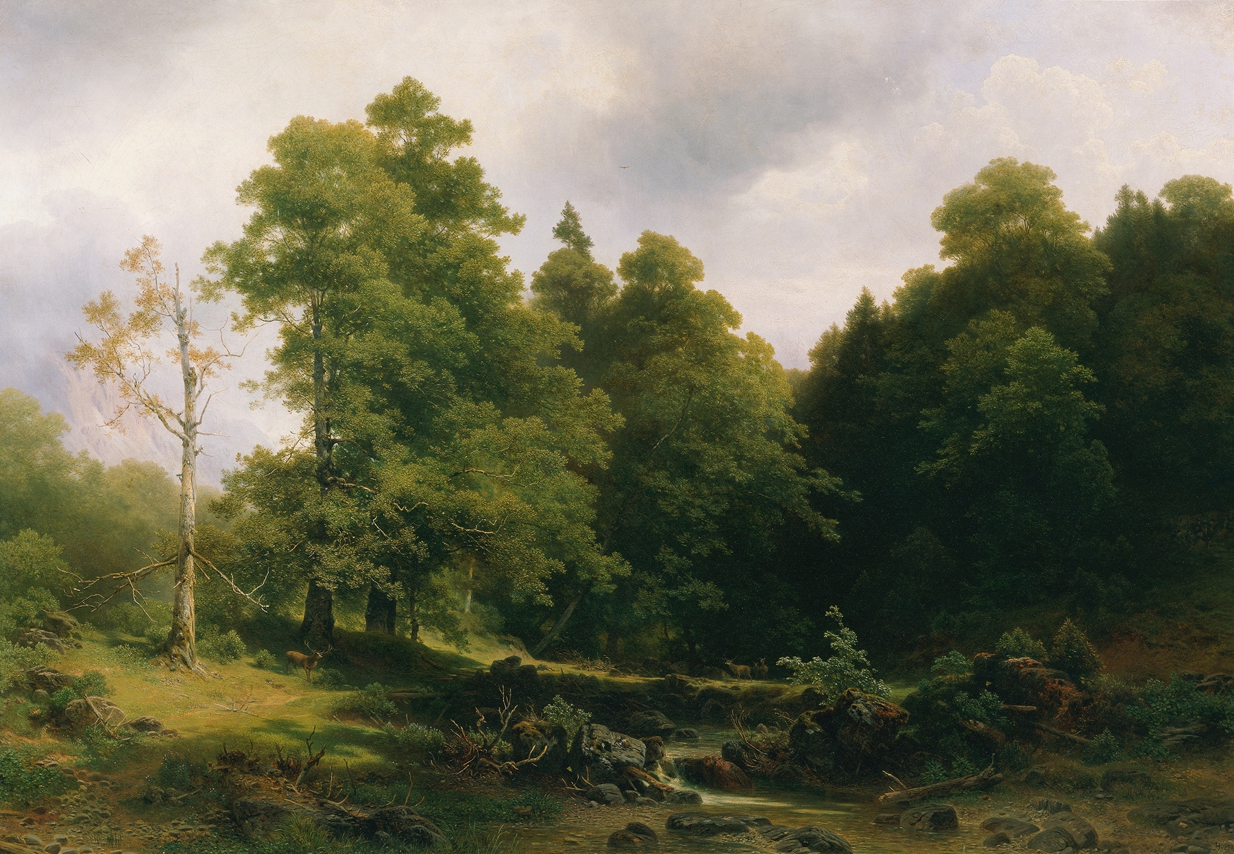 oil painting by Joseph Holzer depicting a tranquil forest glade with soft light