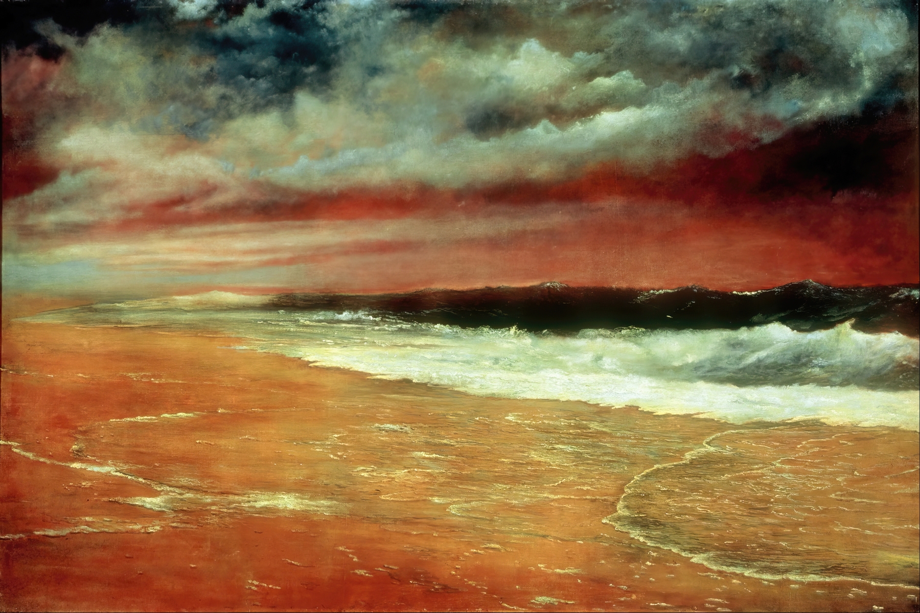 Late Afternoon by the Sea (The Red Wave) by Joaquín Clausell, oil painting depicting a crimson wave and sunset.