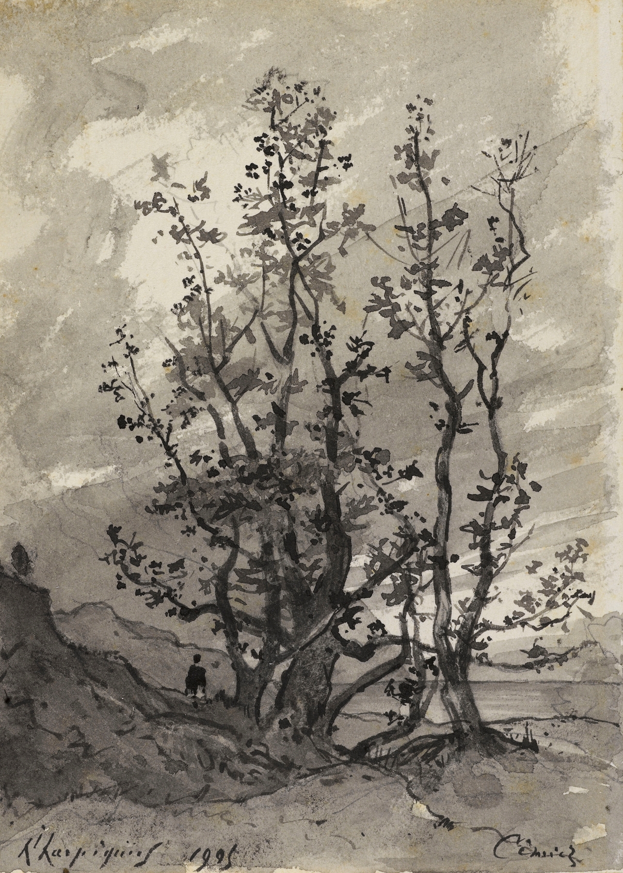 Groupe d’arbres avec un personnage by Henri-Joseph Harpignies, oil painting depicting trees and a figure in nature.