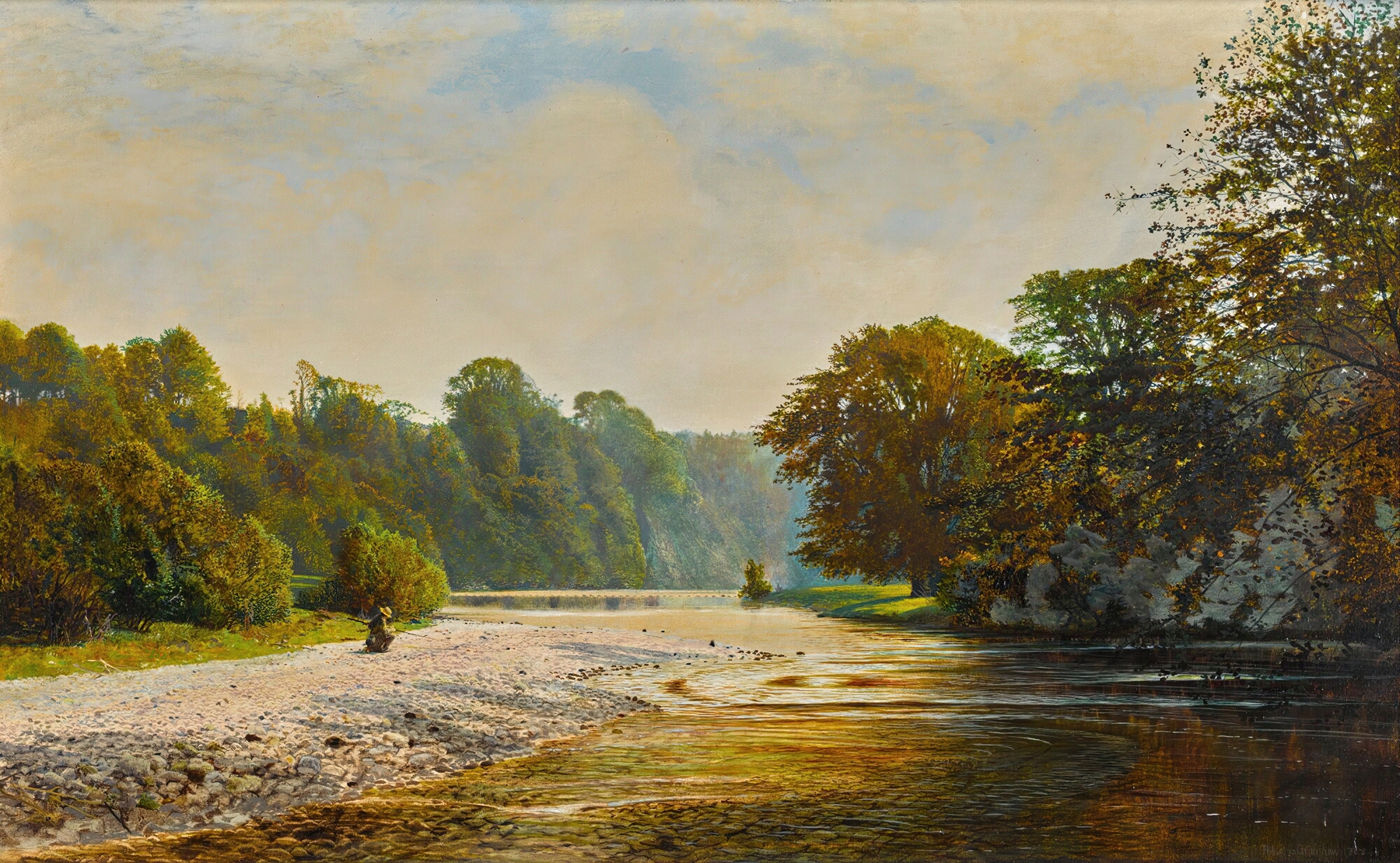 Stepping Stones, Bolton Abbey by John Atkinson Grimshaw, oil painting depicting a river and abbey at twilight