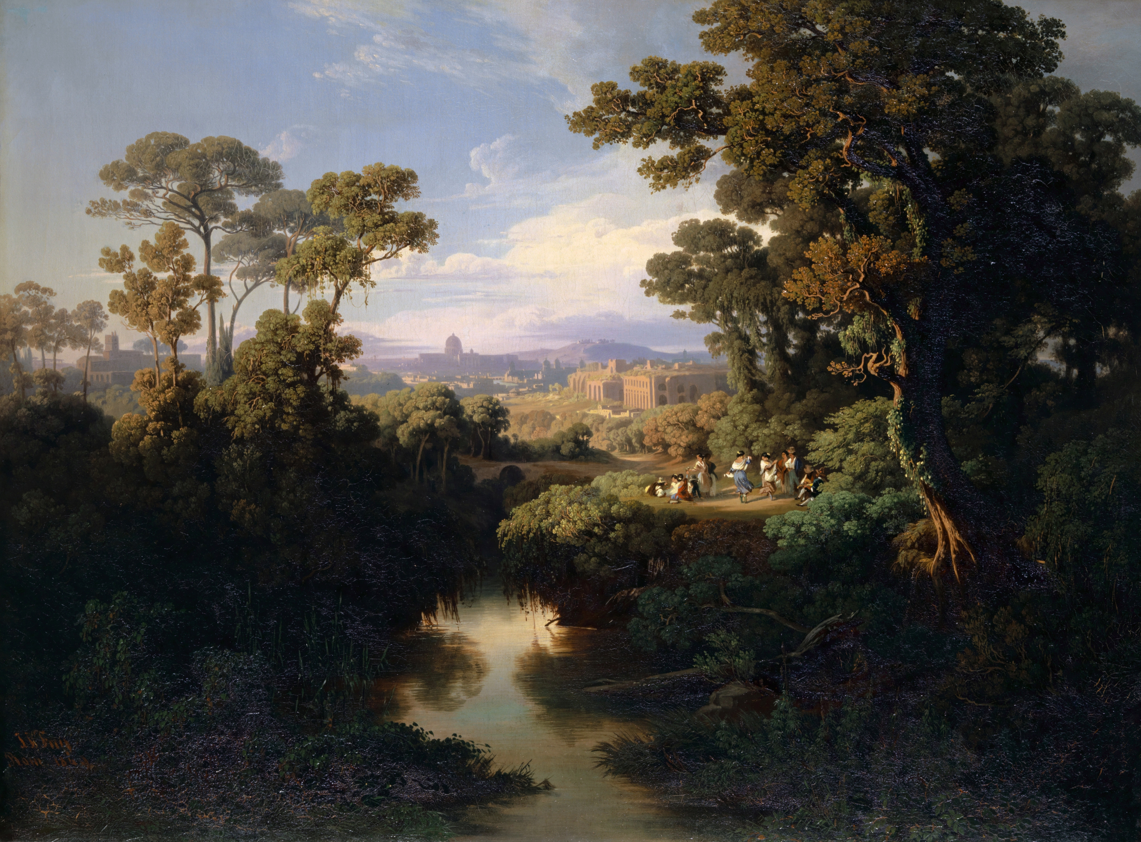 From The Surroundings Of Rome by Johann Jakob Frey, oil on canvas depicting Roman ruins and a landscape.