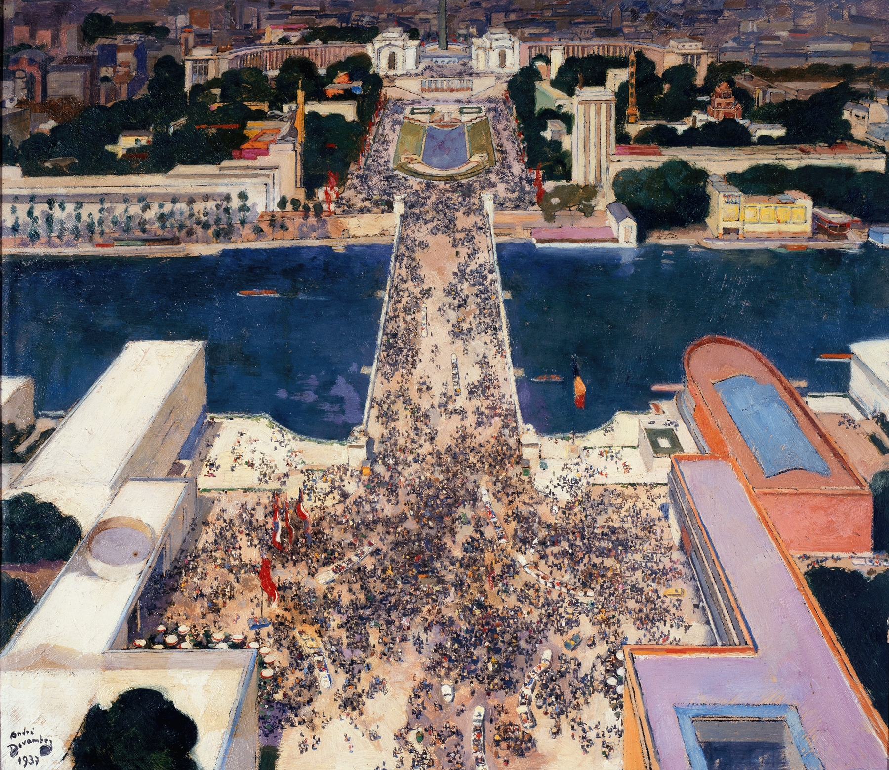 Landscape of La colline de Chaillot during the 1937 exposition, oil painting by André Victor Édouard Devambez.