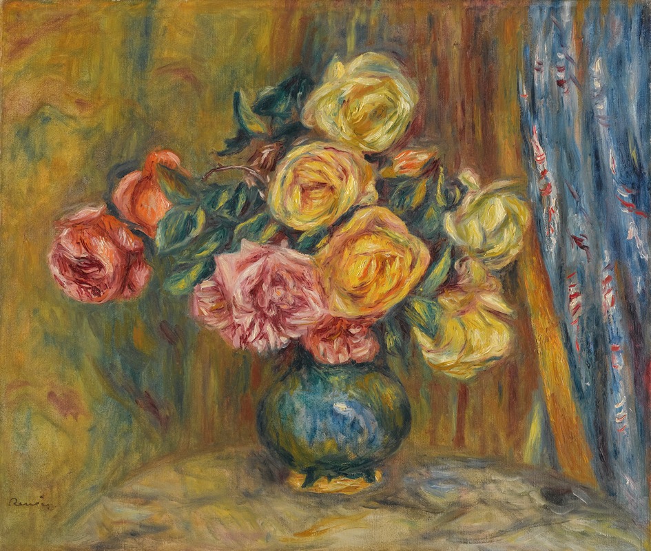 A still life painting featuring roses against a blue curtain.