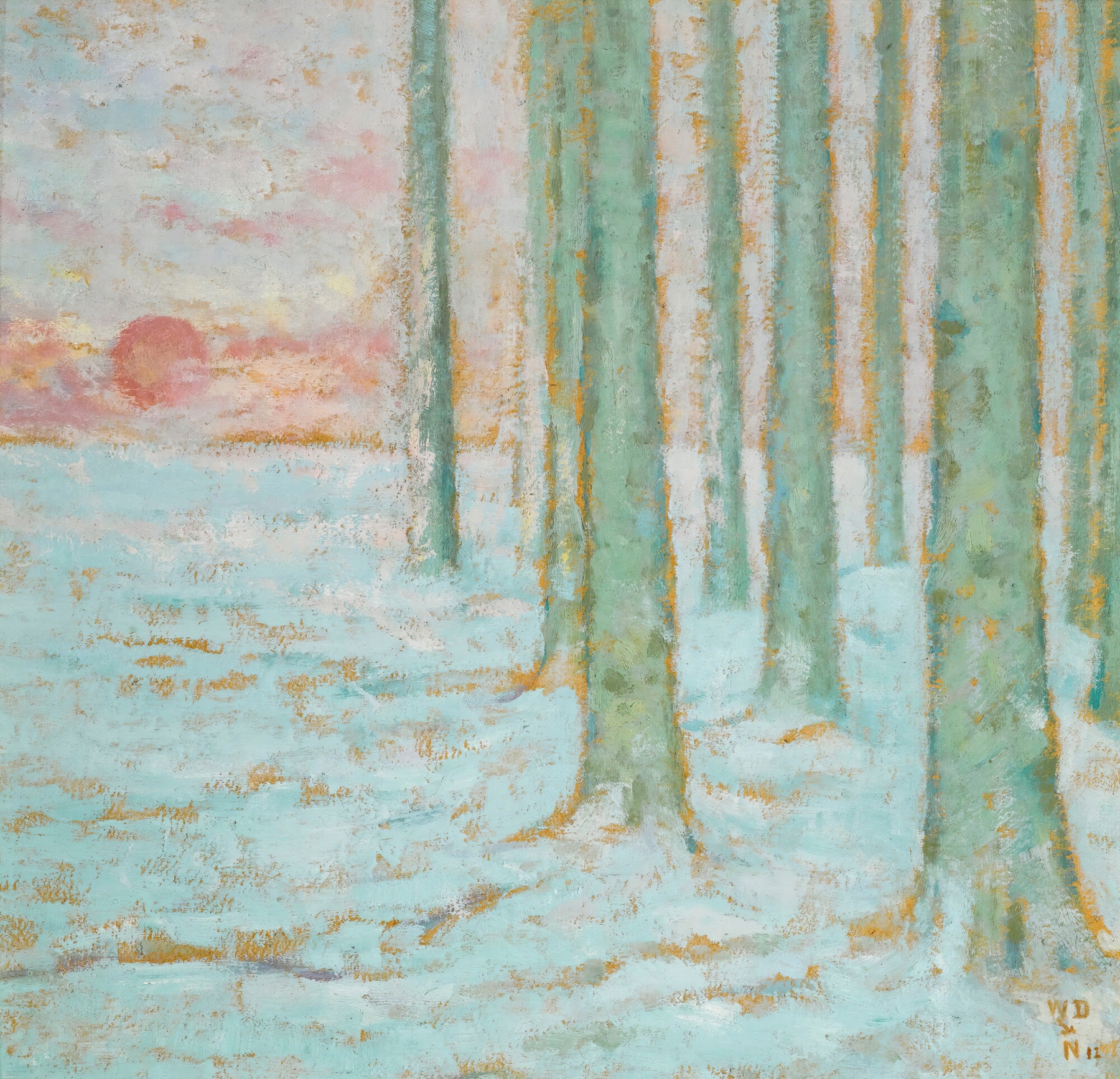 Winter landscape with trees and snow by William Degouve de Nuncques