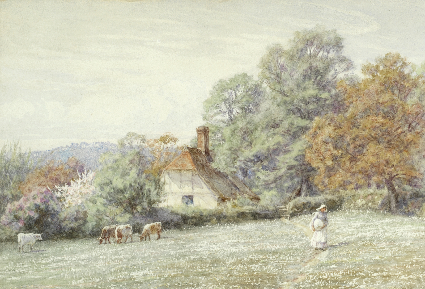 A Surrey Cottage by Helen Allingham, depicting a rural cottage with stone walls at sunset.