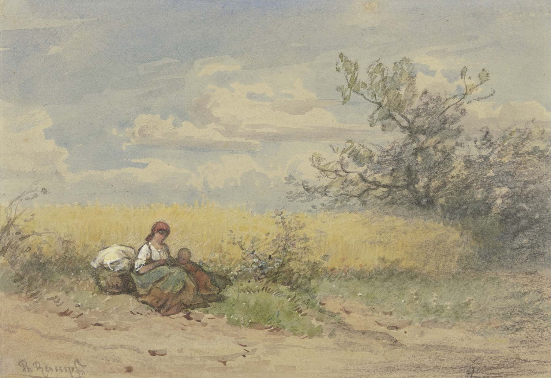 Realism artwork by Philipp Rumpf depicting a peasant woman with a child in a wheat field