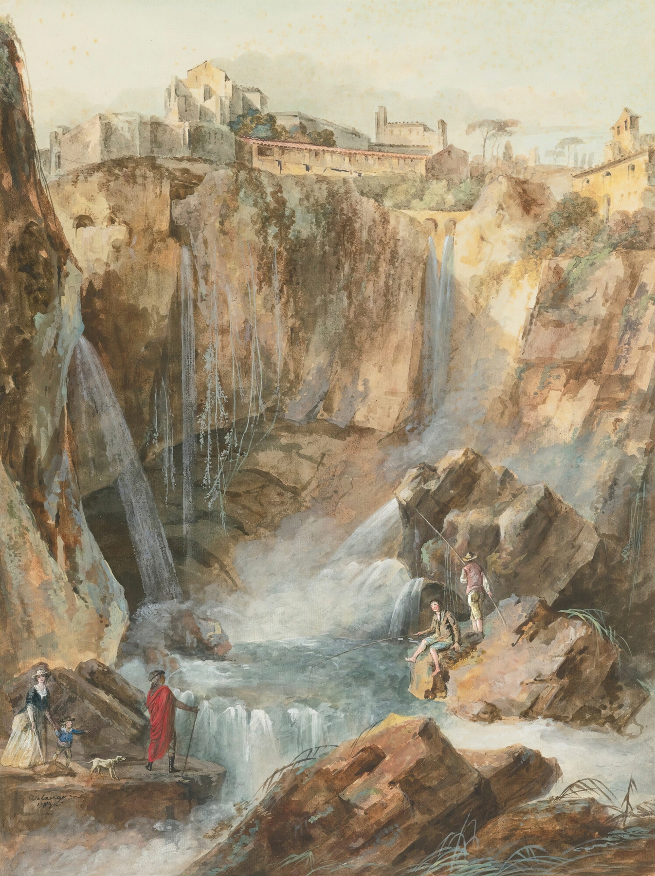 View of cascades at Tivoli with fishermen and tourists, oil on canvas by Louis Belanger