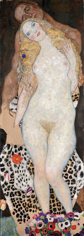 The painting depicts Adam and Eve in a lush garden, surrounded by symbolic elements.