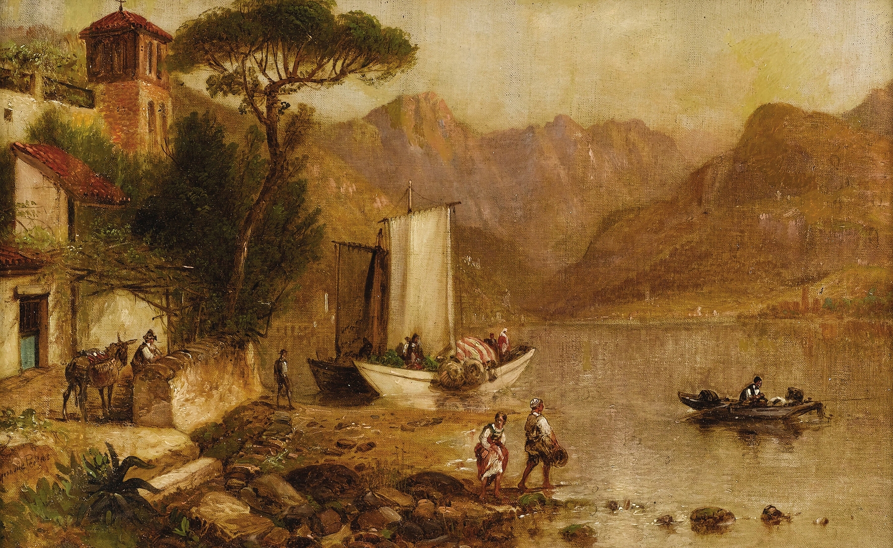 Village Coast by Granville Perkins, oil on canvas depicting a coastal scene with boats and gentle light.