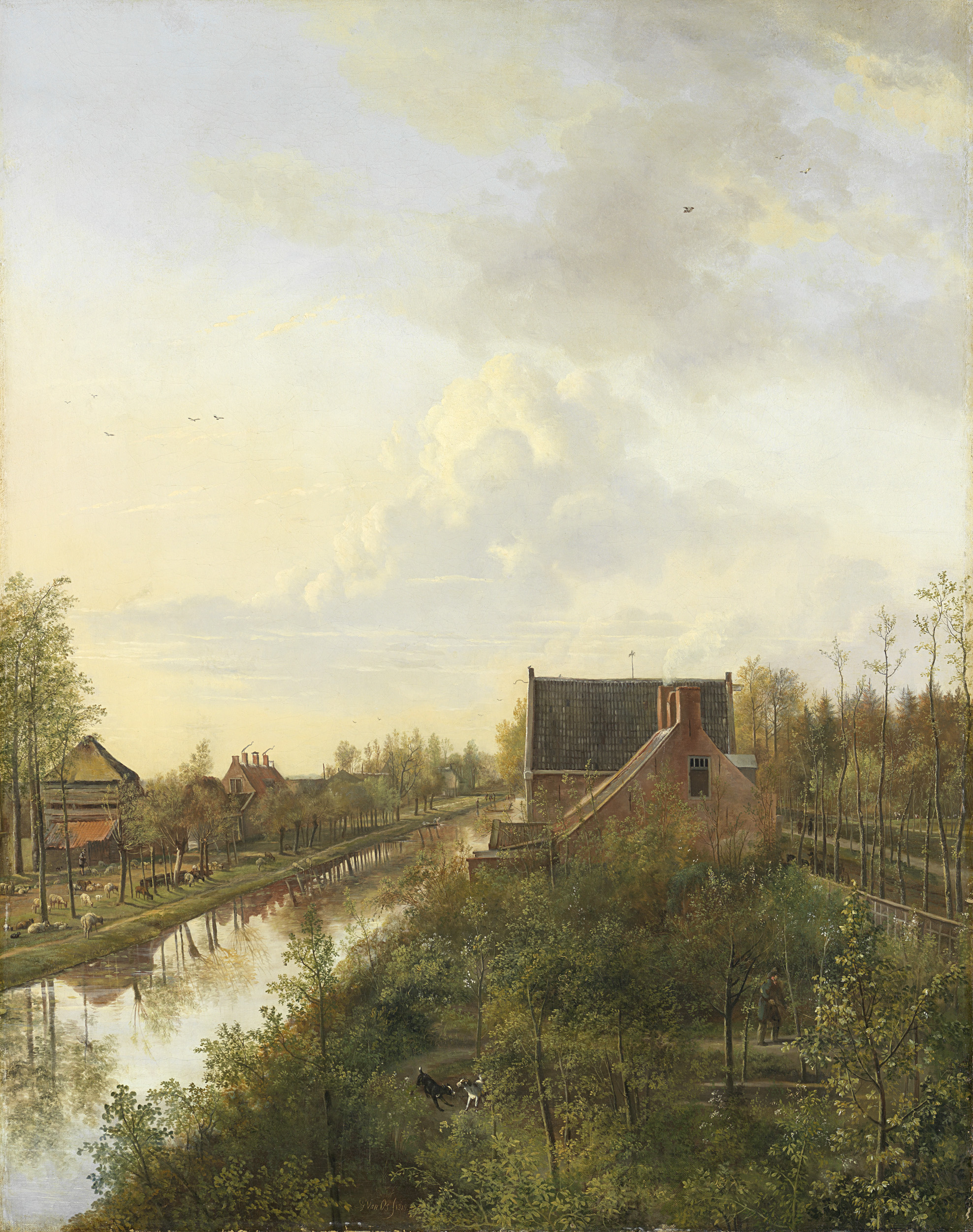 Oil painting by Pieter Gerardus van Os depicting a canal, garden, and dogs in ’s-Graveland