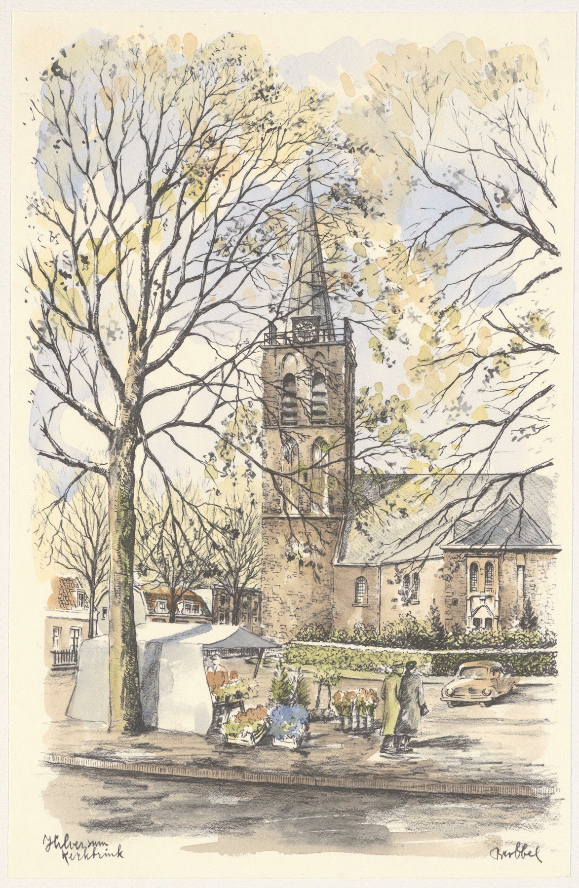 De Kerkbrink met de oude Hervormde Kerk by Bob Brobbel, realism, depicting a church in a village landscape