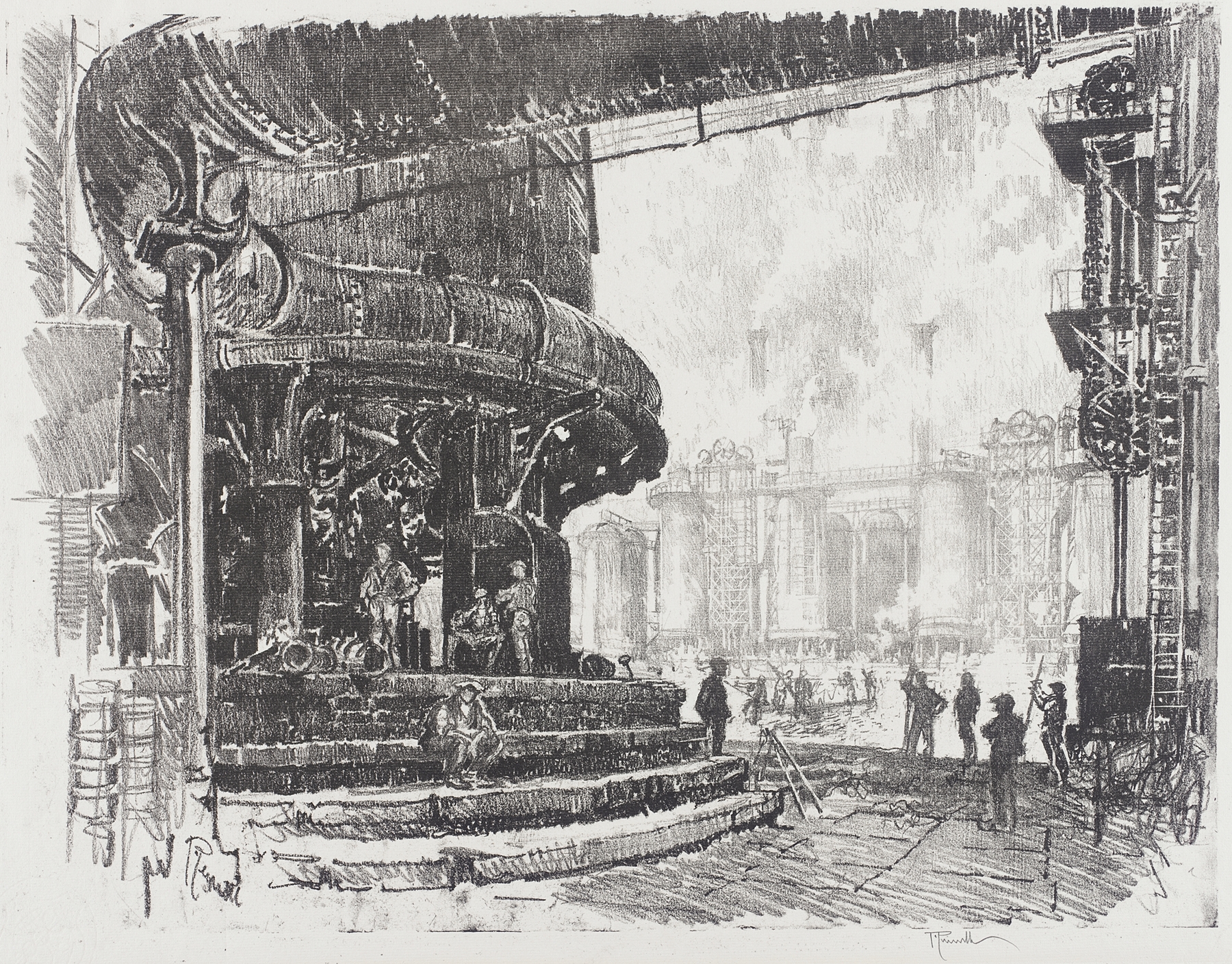 Making Pig Iron; The Base of the Blast Furnaces, by Joseph Pennell, public domain