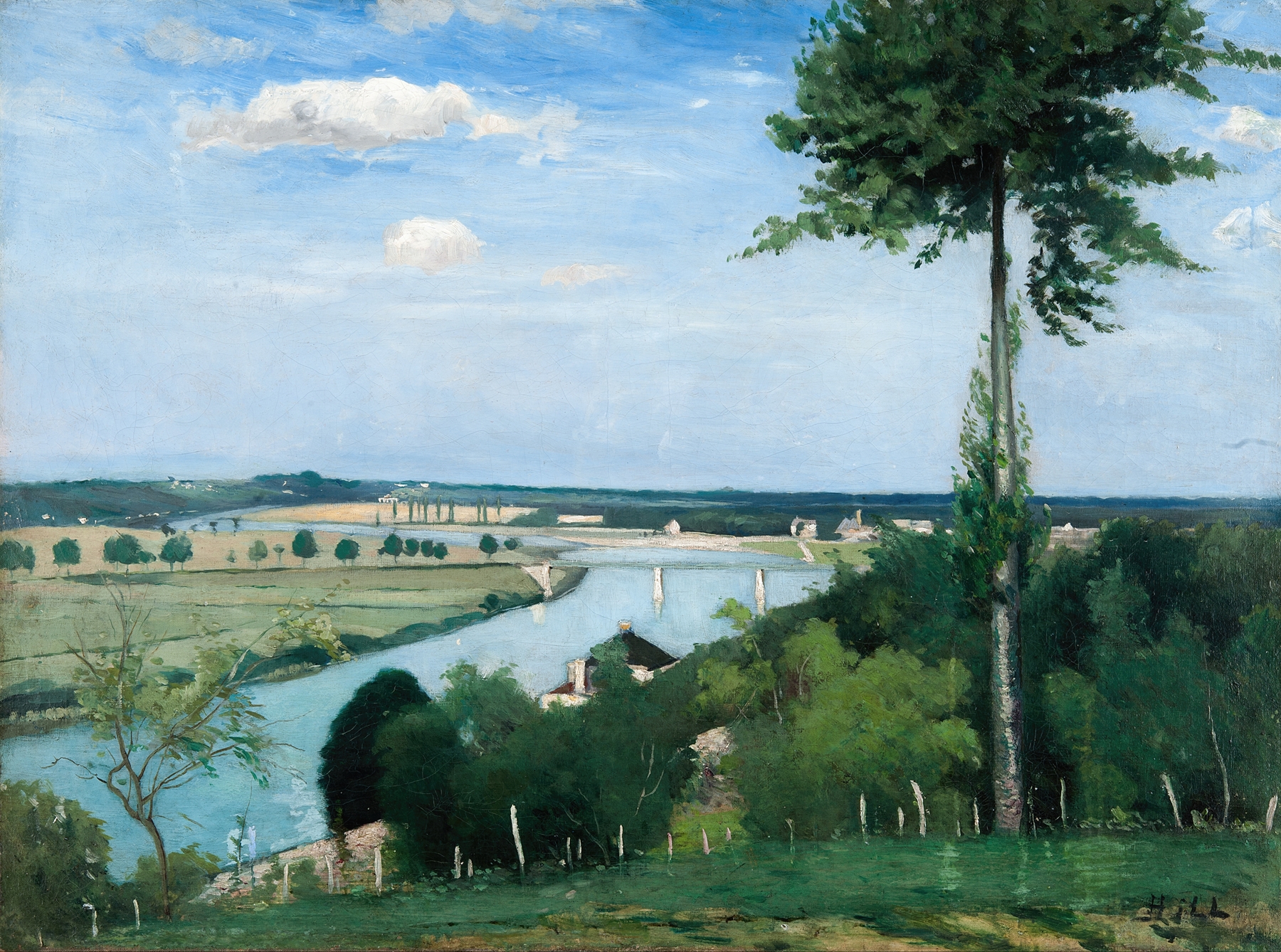 French River Landscape by Carl Fredrik Hill, depicting a tranquil river scene with trees, oil painting