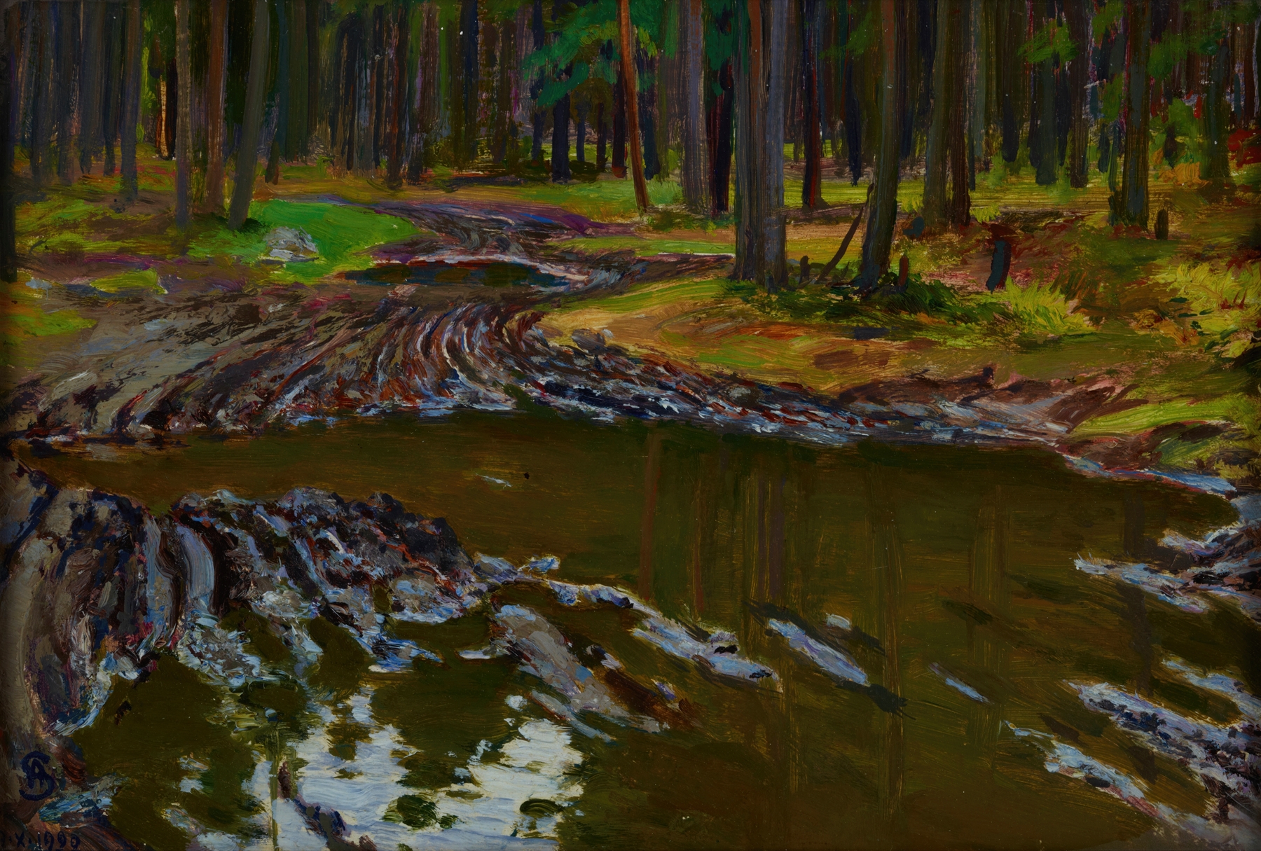 Mud in the Forest by Ambroży Sabatowski, oil painting depicting a serene forest landscape.