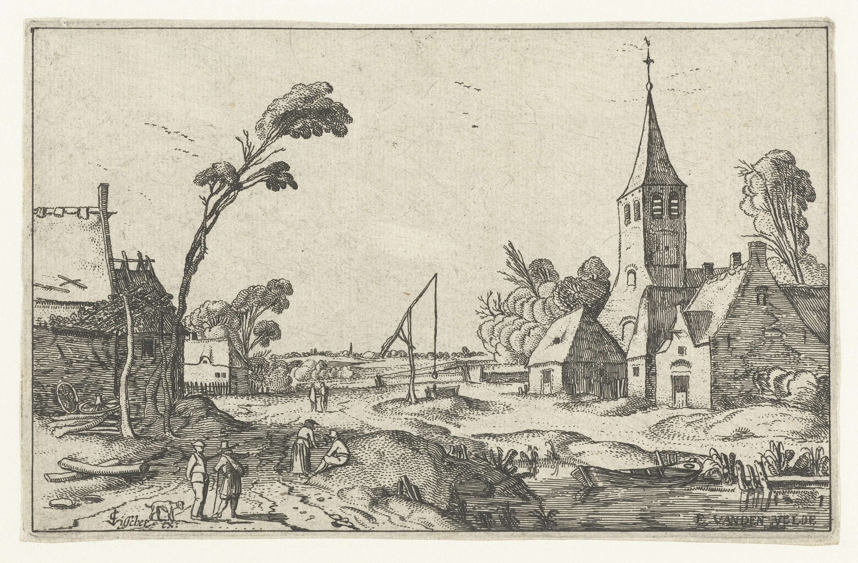 Etching by Unknown Artist depicting a rural landscape with farmhouses and a church