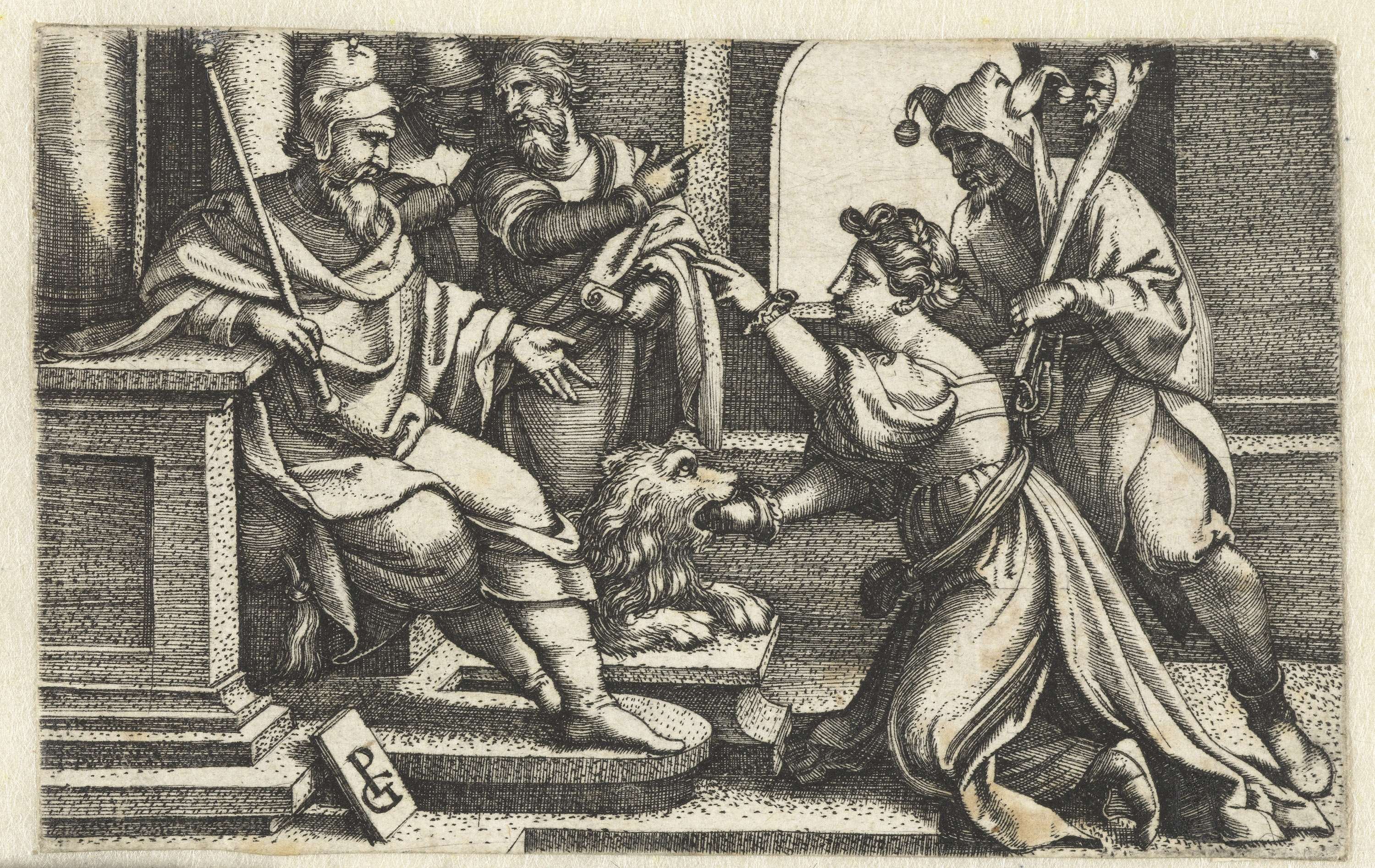 Engraving by Georg Pencz depicting a woman with raised hands in chiaroscuro.