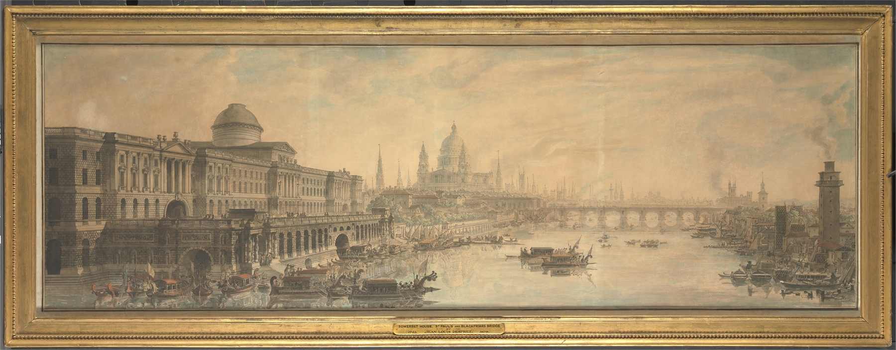 Somerset House, Saint Paul’s Cathedral and Blackfriar’s Bridge, by Louis Jean Desprez, public domain