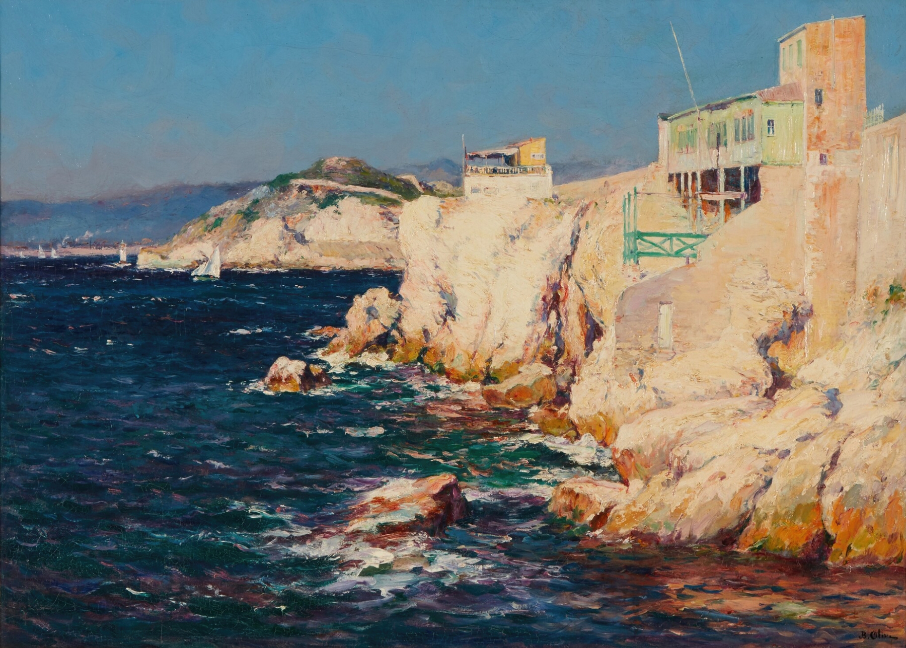 Marine scene depicting a coastal structure by Jean-Baptiste Olive, Impressionism