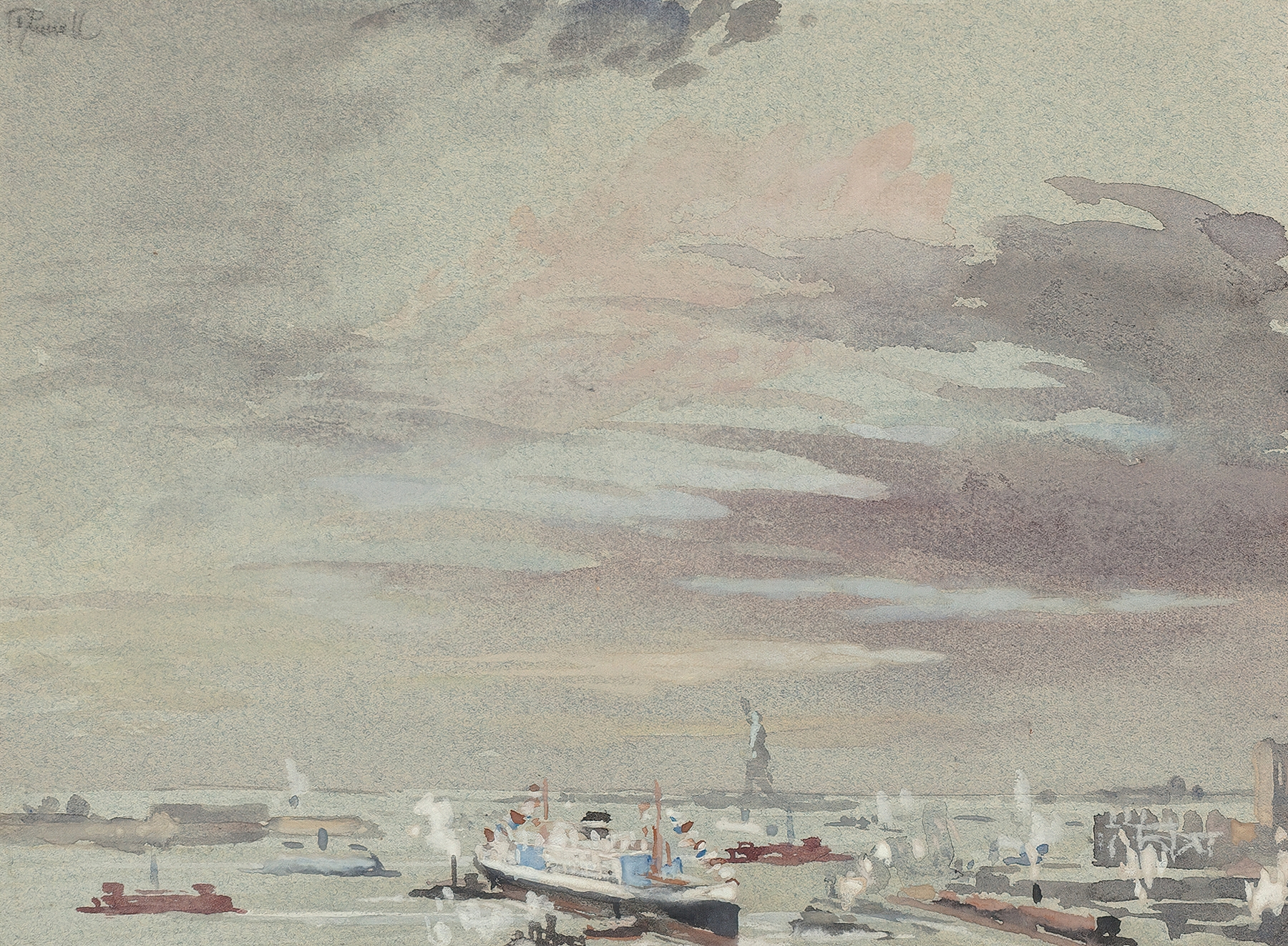 The Harbor and the Statue of Liberty, ink on paper by Joseph Pennell