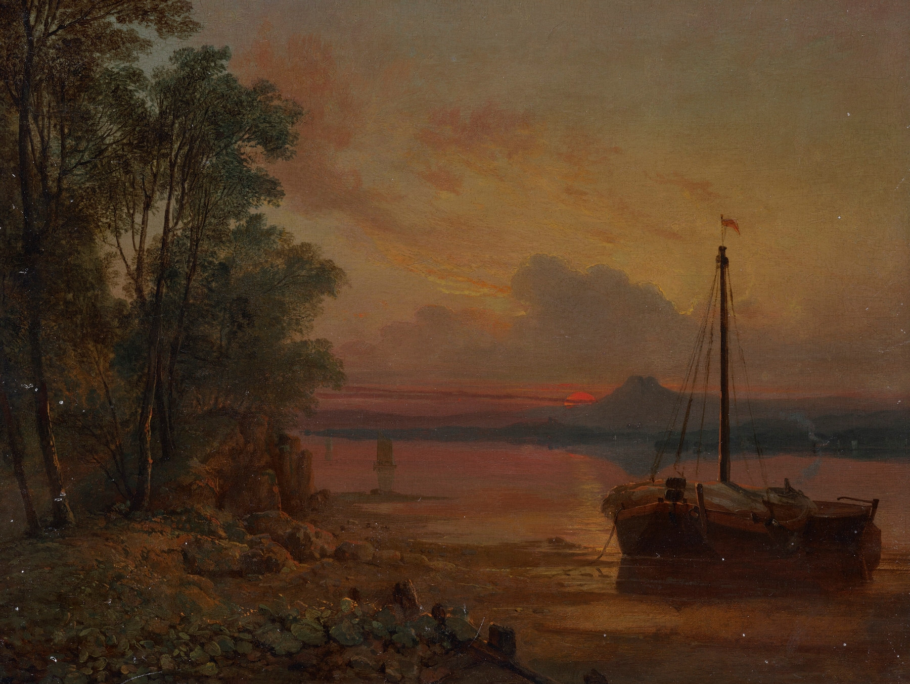 An estuary at sunset with a moored fishing boat, oil painting by Francis Danby