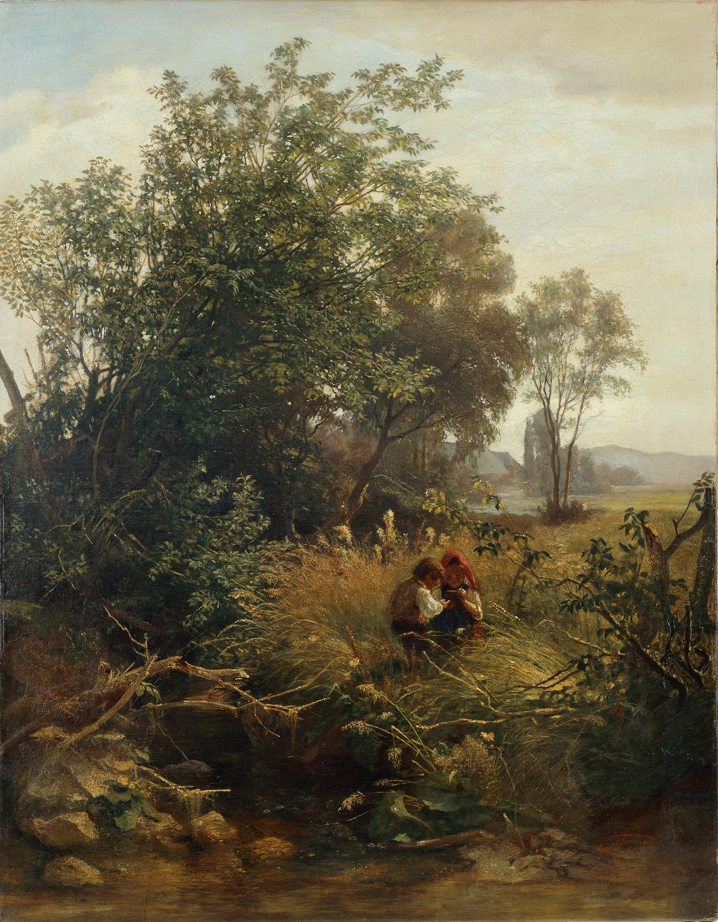 Summer Morning in the Bernau Valley by Hans Thoma, oil painting depicting children playing in a valley.