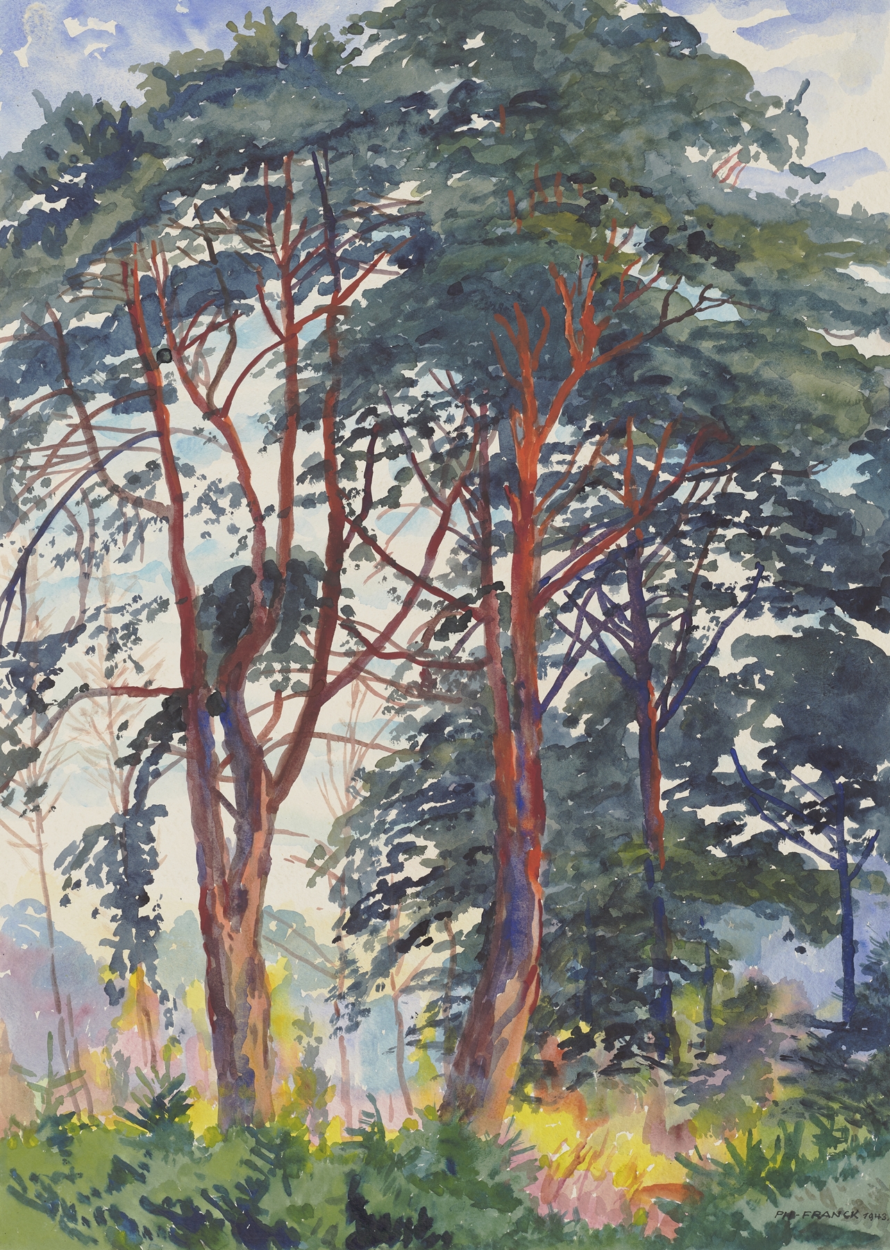 Pine forest, by Philipp Franck, public domain