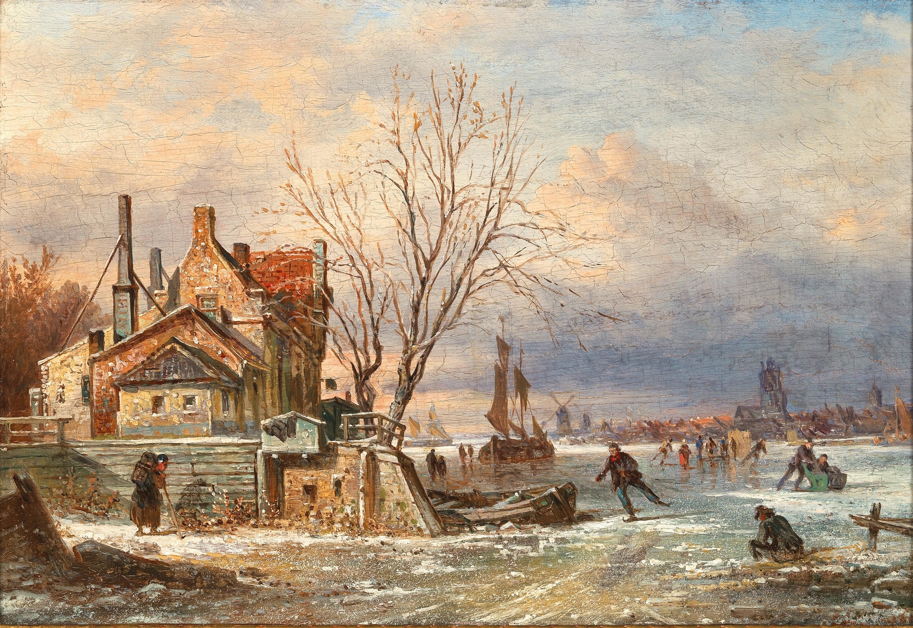 A winter landscape with ice and a city view, oil painting by Elias Pieter van Bommel
