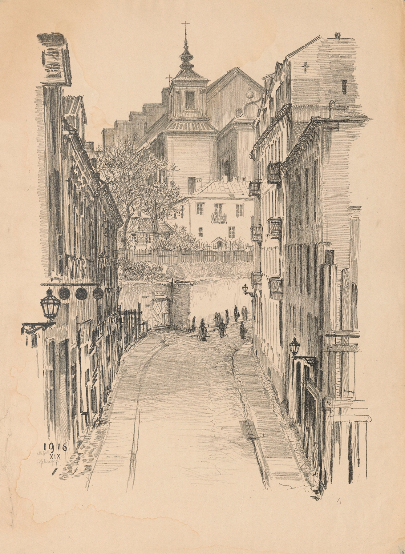 Architecture of Mariensztat Street by Feliks Jabłczyński, expressionism, depicting urban ruins.