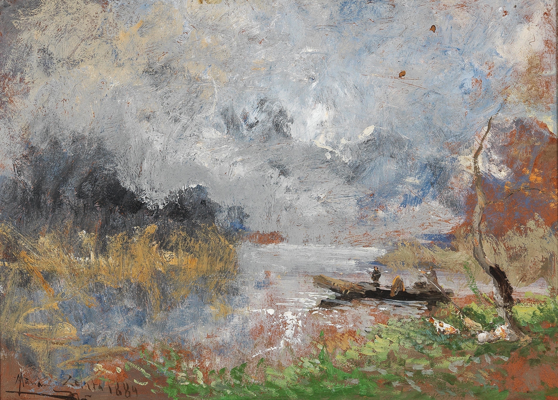 A Boat Trip on a Lake by Pompeo Mariani, oil on canvas, depicts a boat on a tranquil lake with reflections.