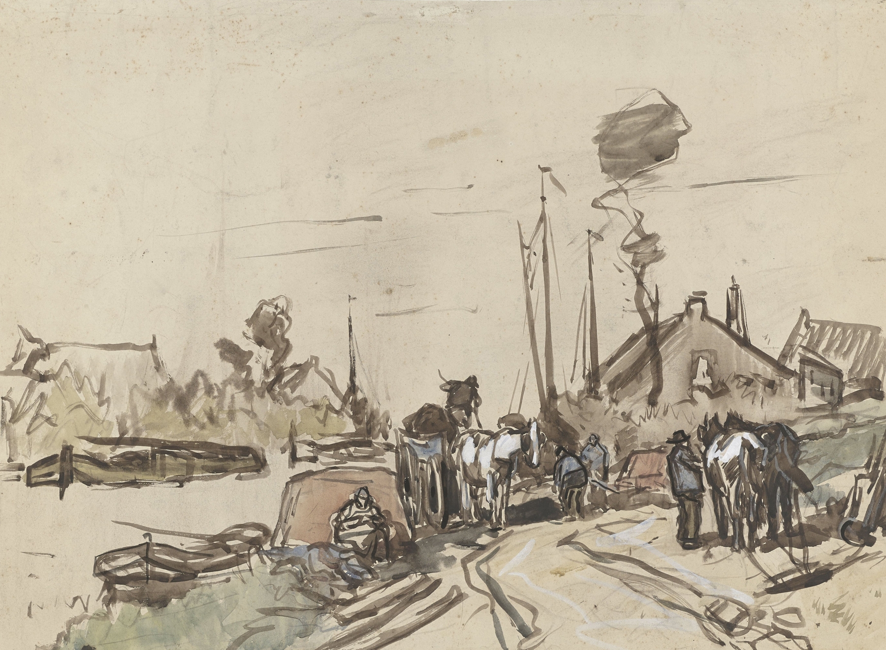 Landscape oil painting by Jan van Essen depicting figures working by a river
