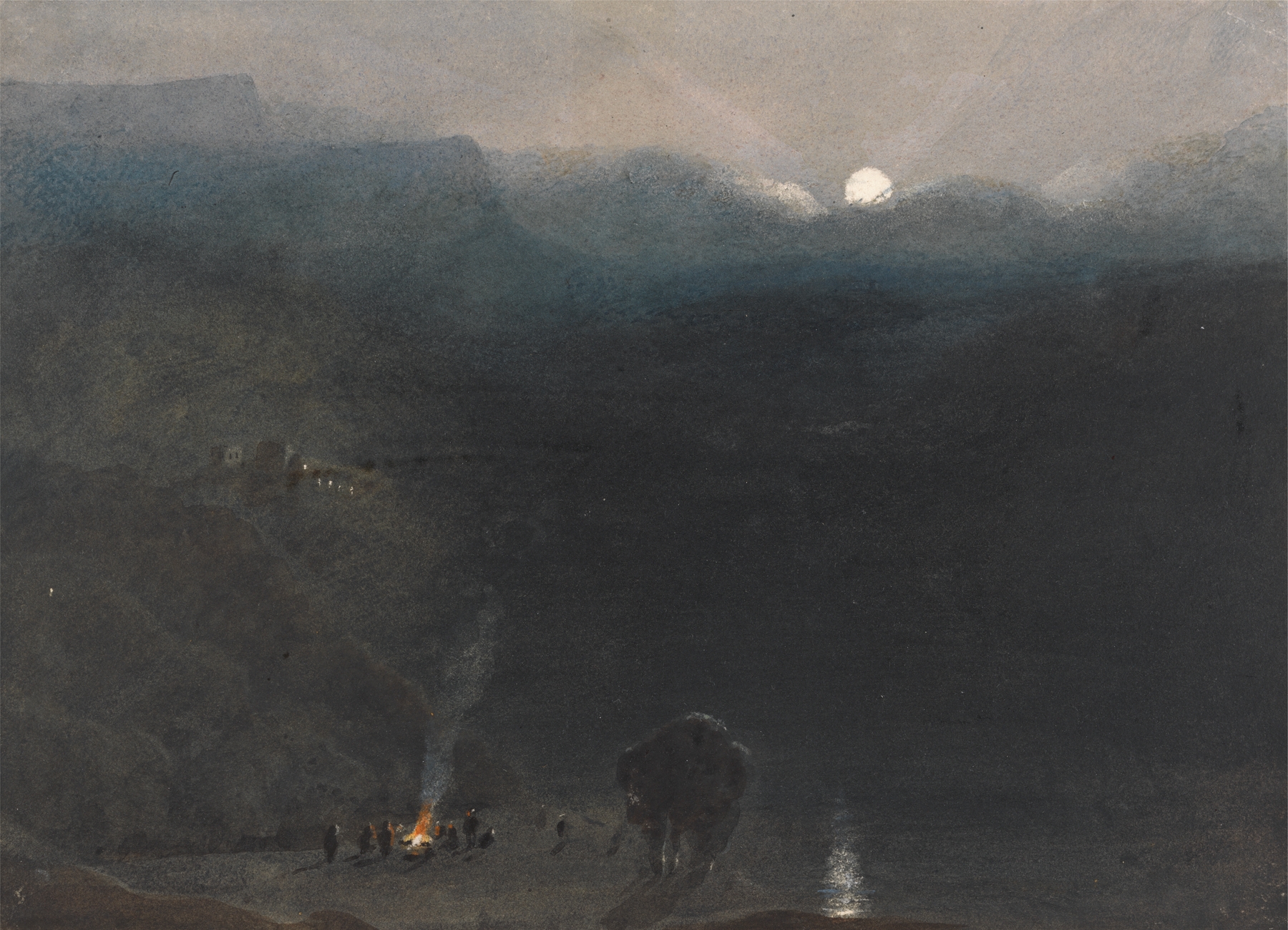 Mauritius – Moonlight, a Romanticism landscape by William John Chamberlayne, depicting charcoal burners at night.