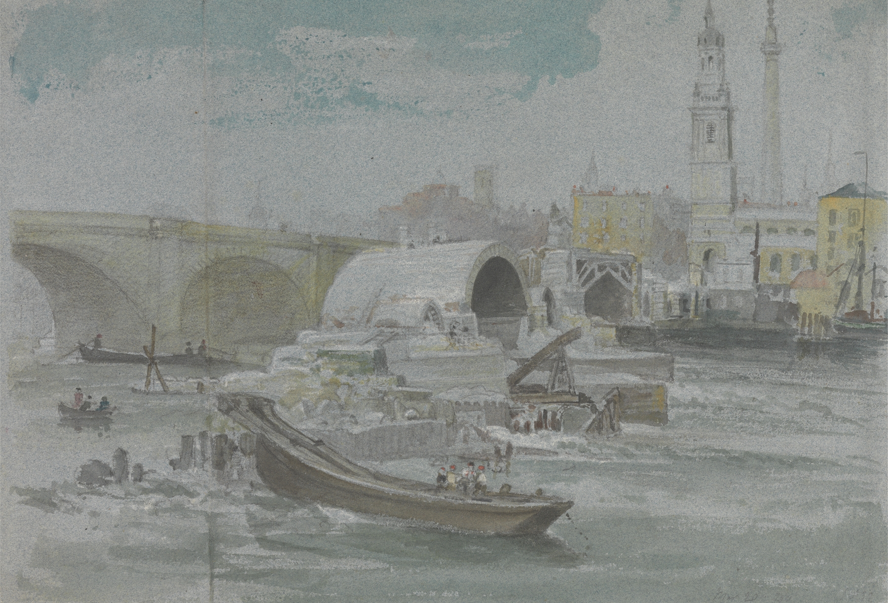 The Demolition of Old London Bridge by George Arnald, oil painting depicting laborers and ruins.