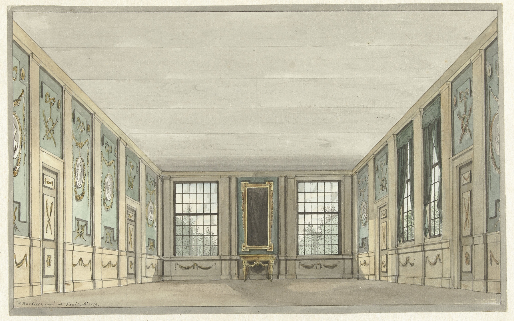 Ontwerp voor een toneeldecor van een interieur, by Pieter Barbiers, public domain
