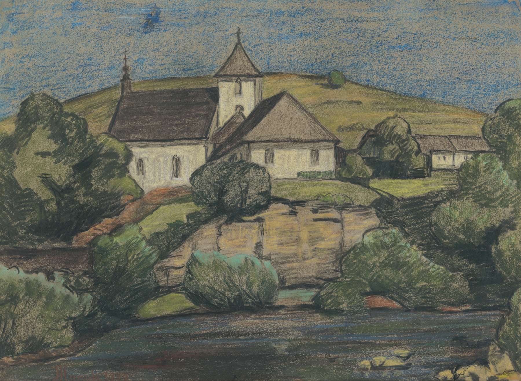 Romanticism oil painting depicting a church at dawn by Jozef Hanula