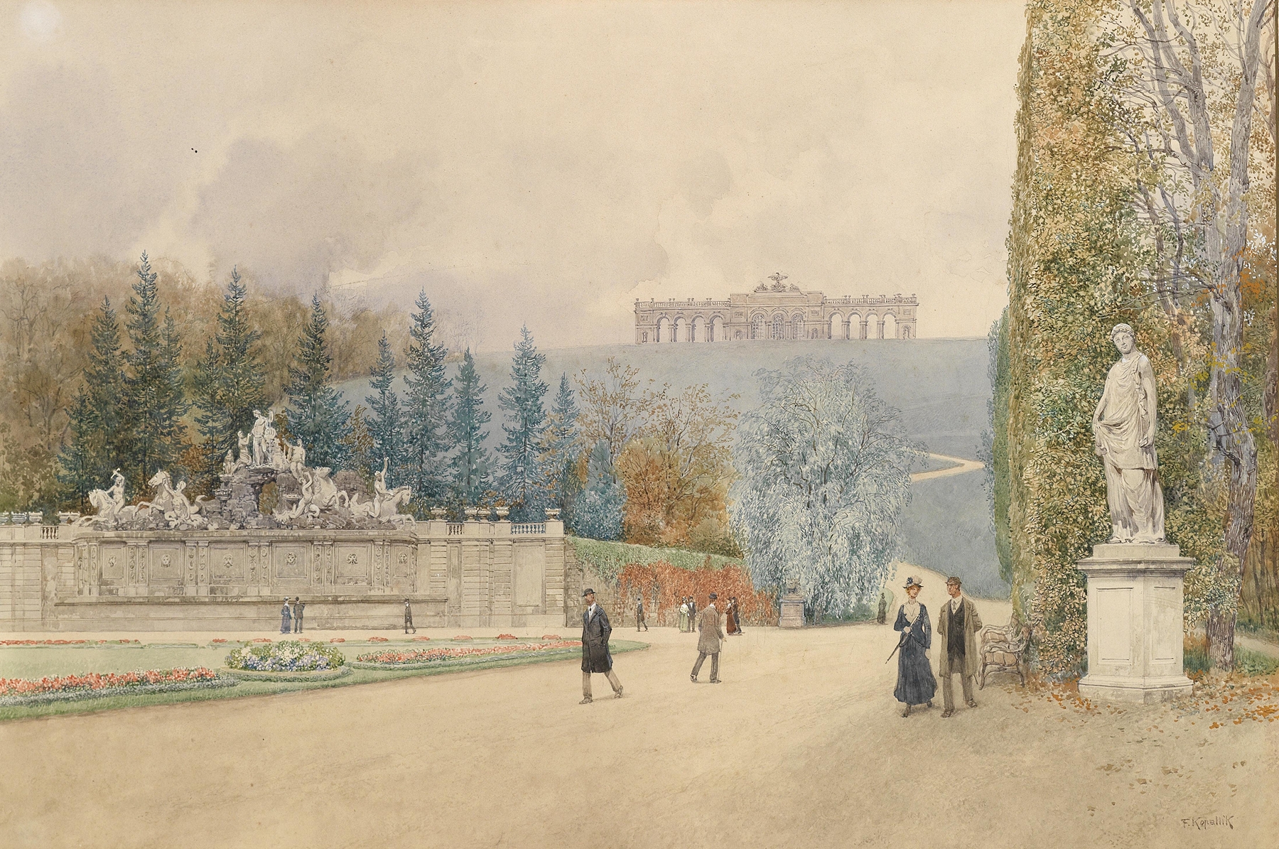 Parterre im Schönbrunner Schlosspark by Franz Kopallik, oil on canvas depicting a vibrant garden.