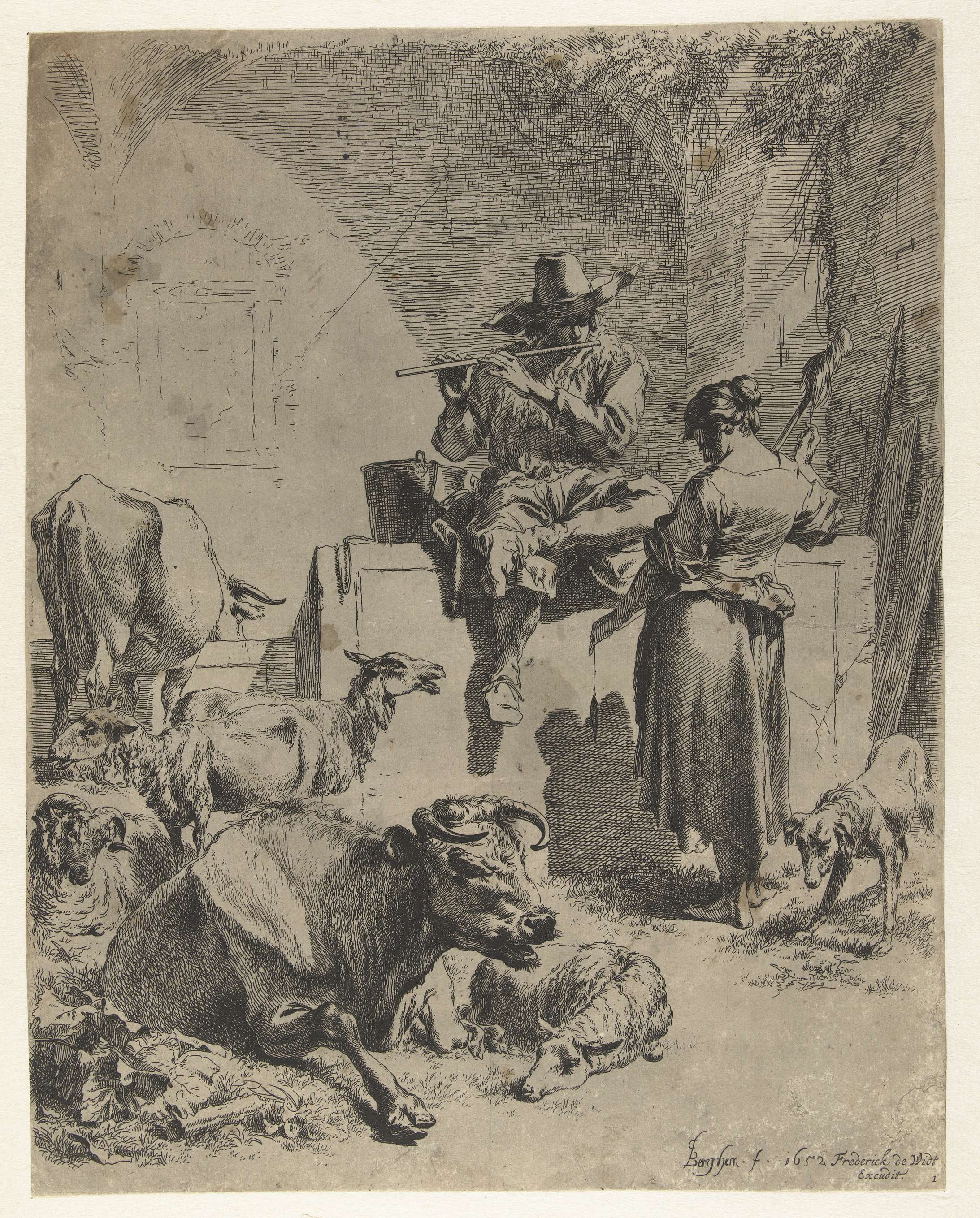 Fluitspelende herder en spinster, by Nicolaes Pietersz Berchem, public domain