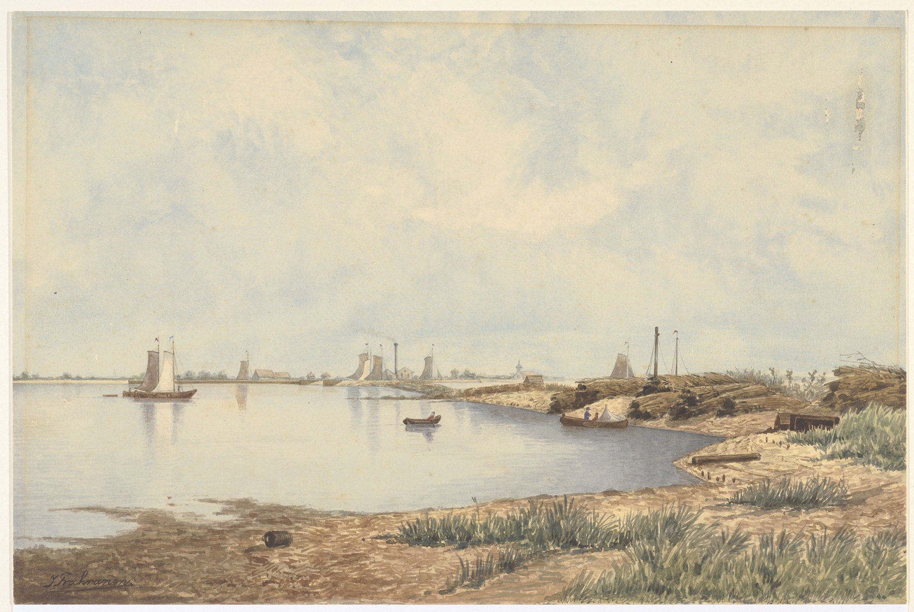 Het Noordzeekanaal te IJmuiden met vissersboten; op de achtergrond in het m. een fabrieksschoorsteen, by Johan Conrad Greive, public domain