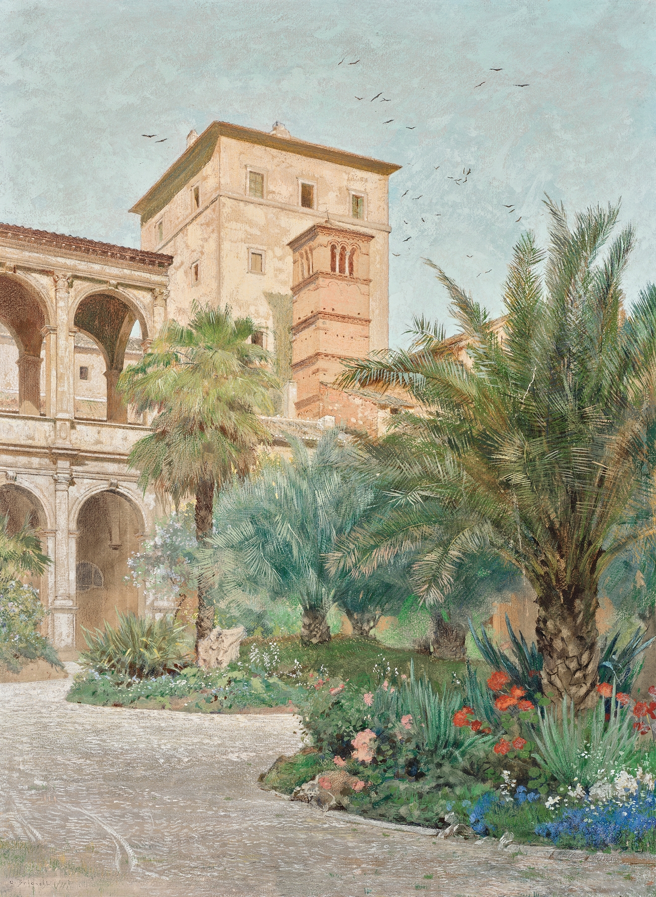 Garden with arches in Vedute der Botschaft in Rom by Othmar Brioschi, oil on canvas